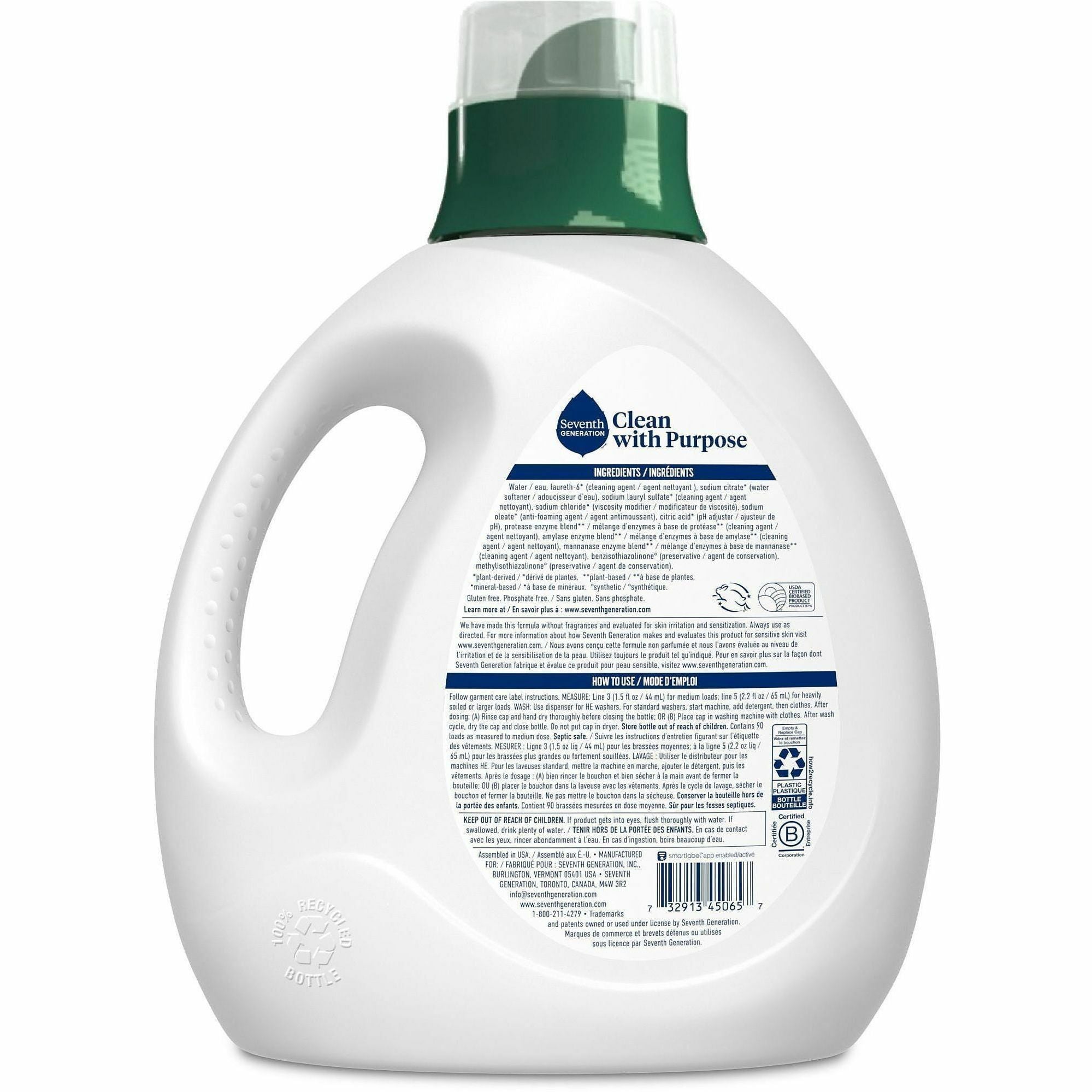 Seventh Generation Natural Laundry Detergent, Liquid, 135 fl oz (4.2 qt), Hypoallergenic, Non-irritating, Bio-based, Kosher, White/Green/Blue, 1 Each