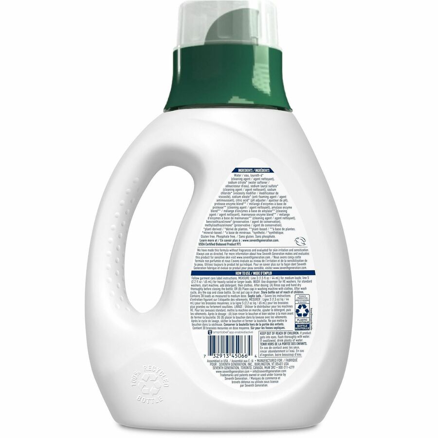 Seventh Generation Natural Laundry Detergent, Hypoallergenic, Bio-based, Kosher, 45 fl oz, White/Green/Blue, 1 Each