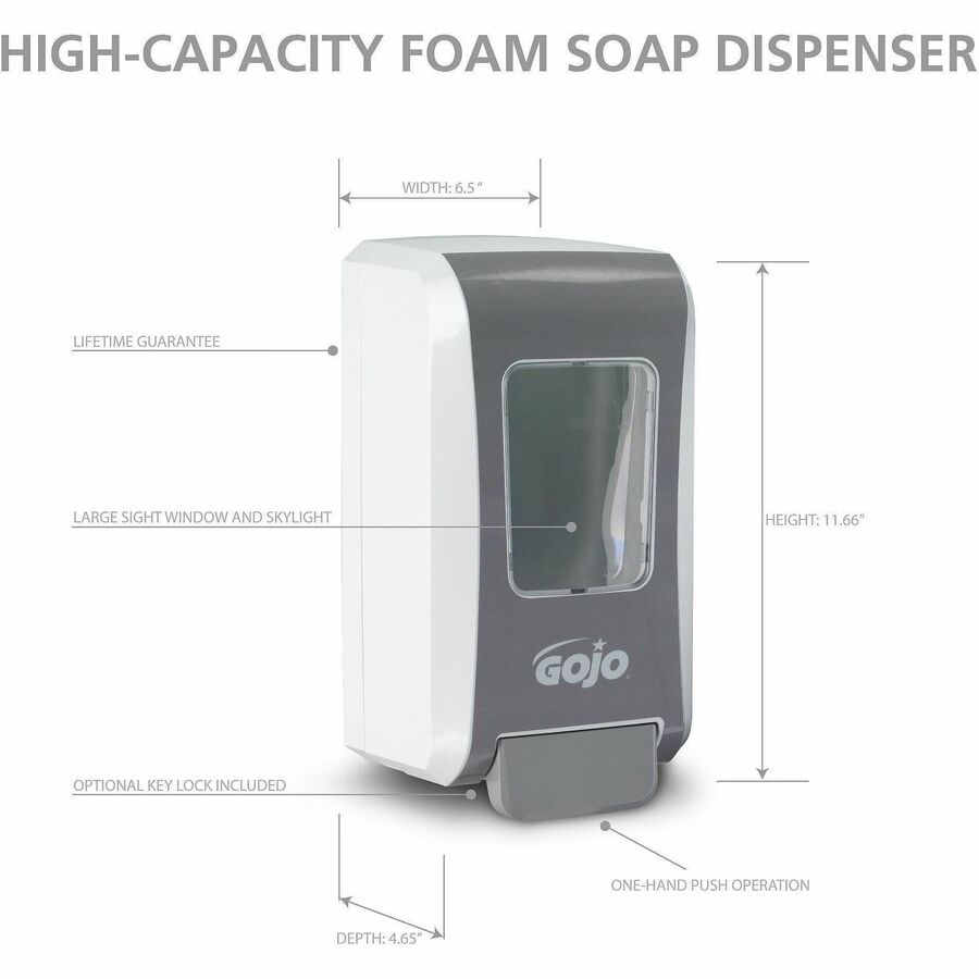 Gojo Push-Style FMX-20 Foam Soap Dispenser, 2.11 Quart Capacity, Wall Mountable, White/Gray, 1 Each