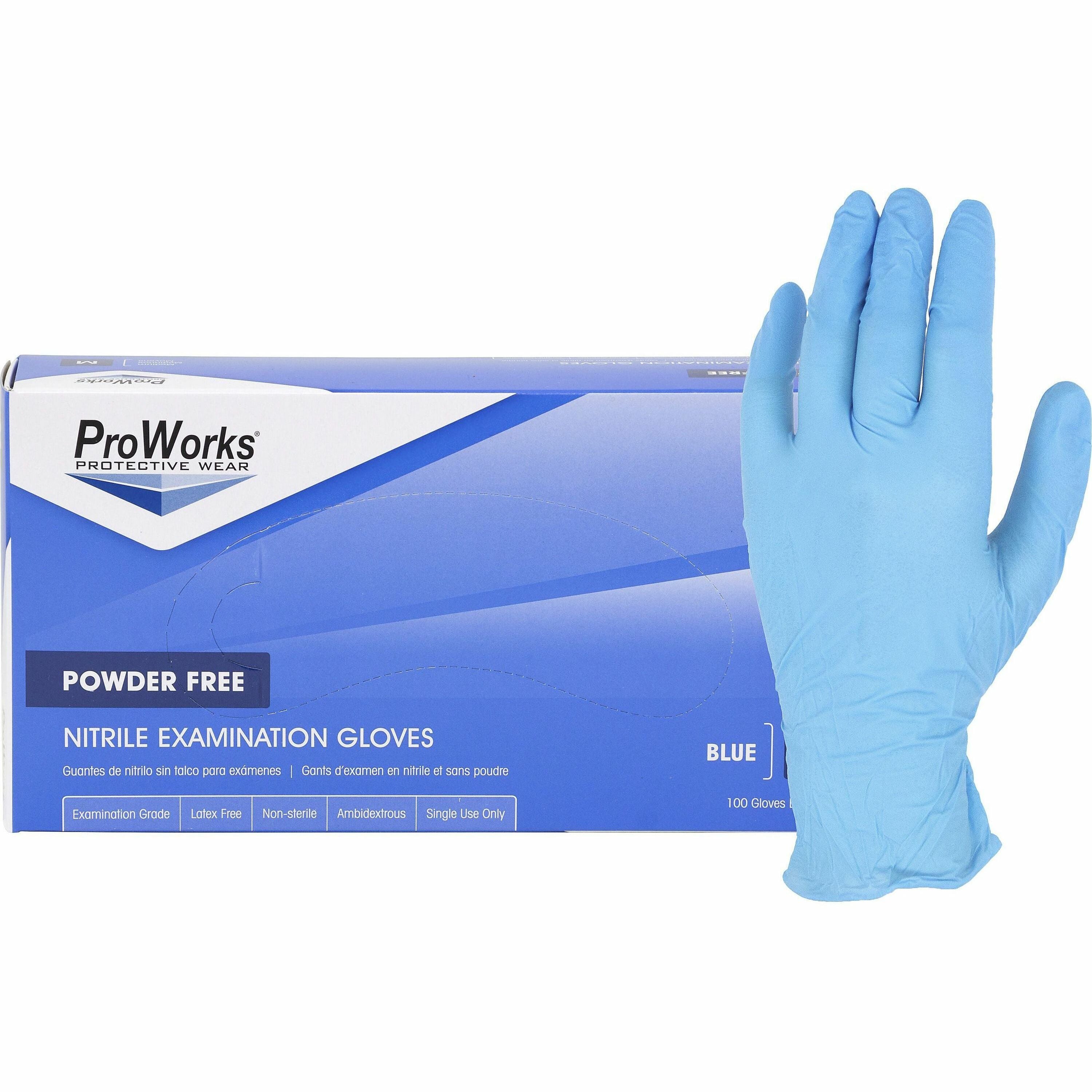 ProWorks Nitrile Powder-Free Exam Gloves, Medium, Blue, 4 mil, 9.5" Length, Latex-Free, Non-Sterile, Beaded Cuff, Ambidextrous, 100 Gloves/Box, 10 Boxes/Carton