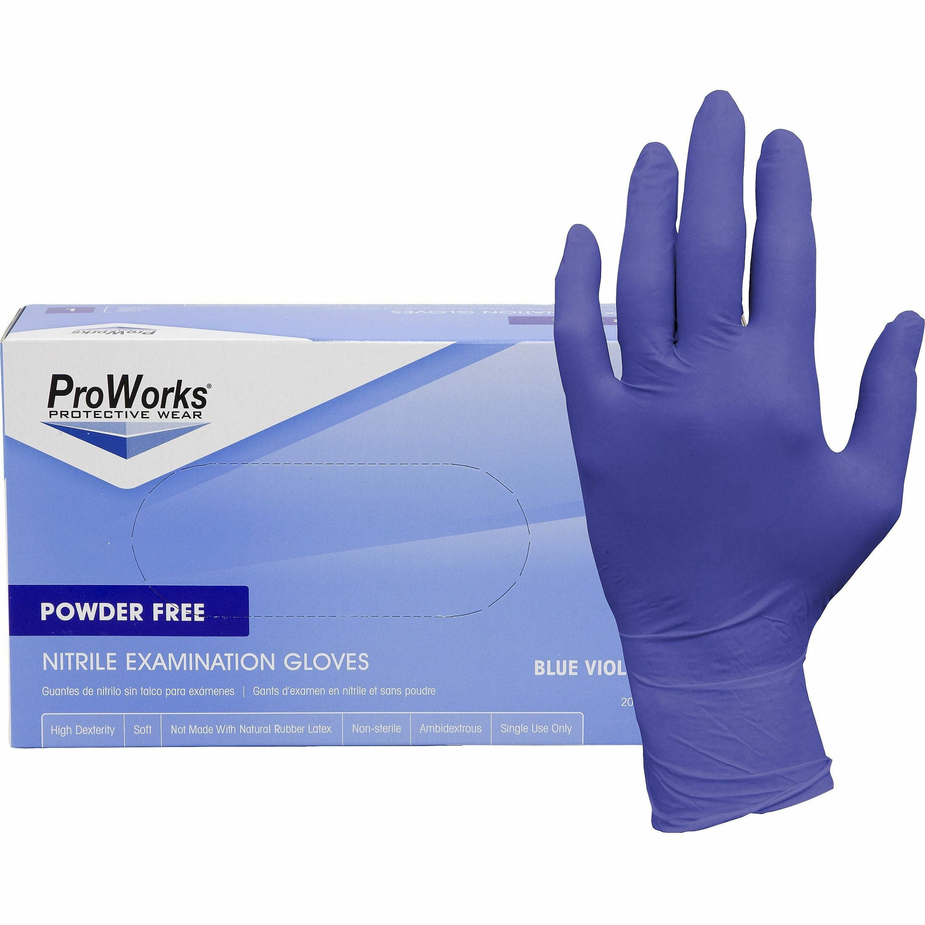 ProWorks Nitrile Powder-Free Exam Gloves, Medium, 3 mil, 9.5" Length, Blue Violet, Latex-Free, Non-Sterile, Soft, Flexible, Comfortable, 200 Gloves per Box, 10 Boxes per Carton