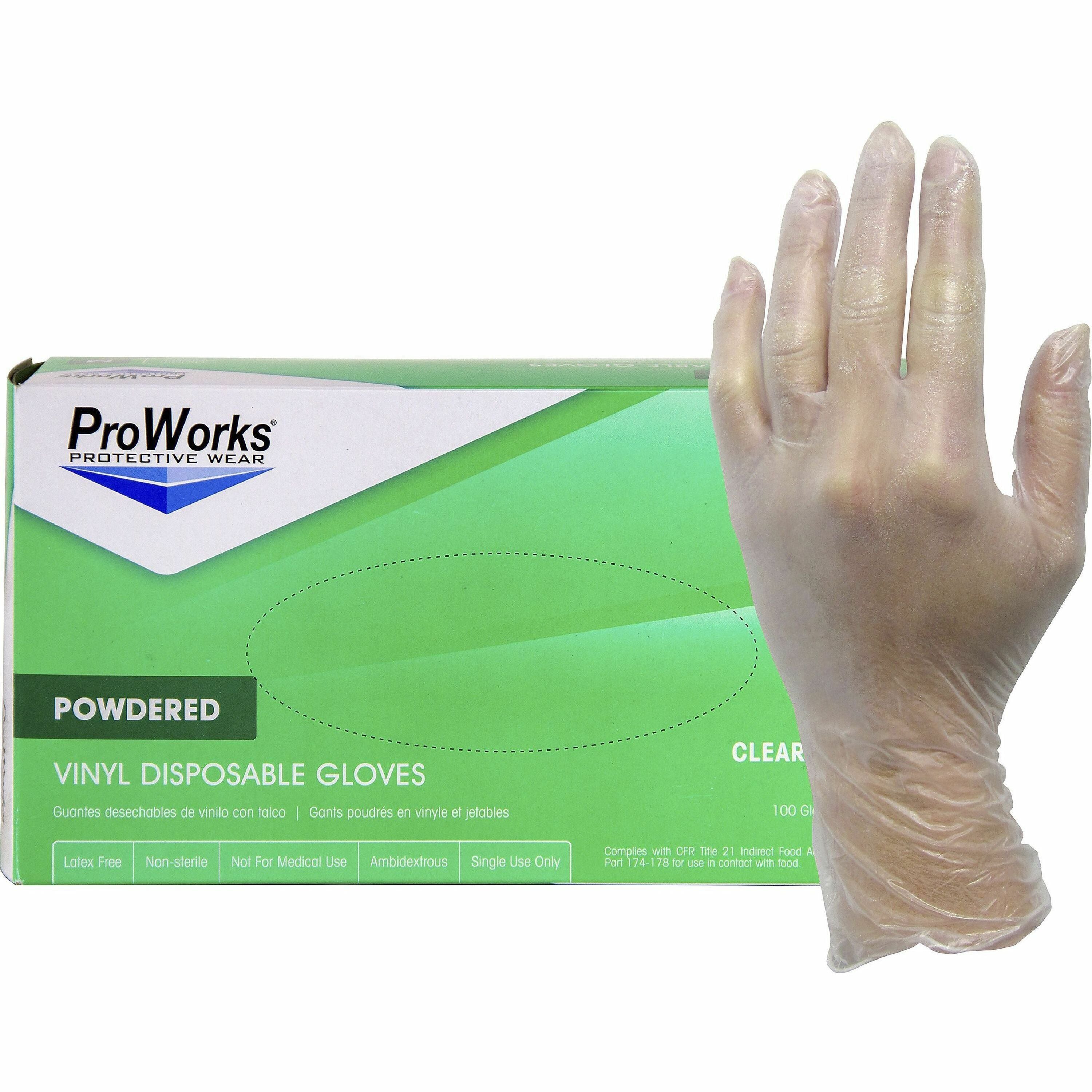 ProWorks Vinyl Powdered Industrial Gloves, Small, 3 mil, 9" Length, Clear Vinyl, Beaded Cuff, Non-sterile, Disposable, 100 Gloves/Box, 10 Boxes/Carton