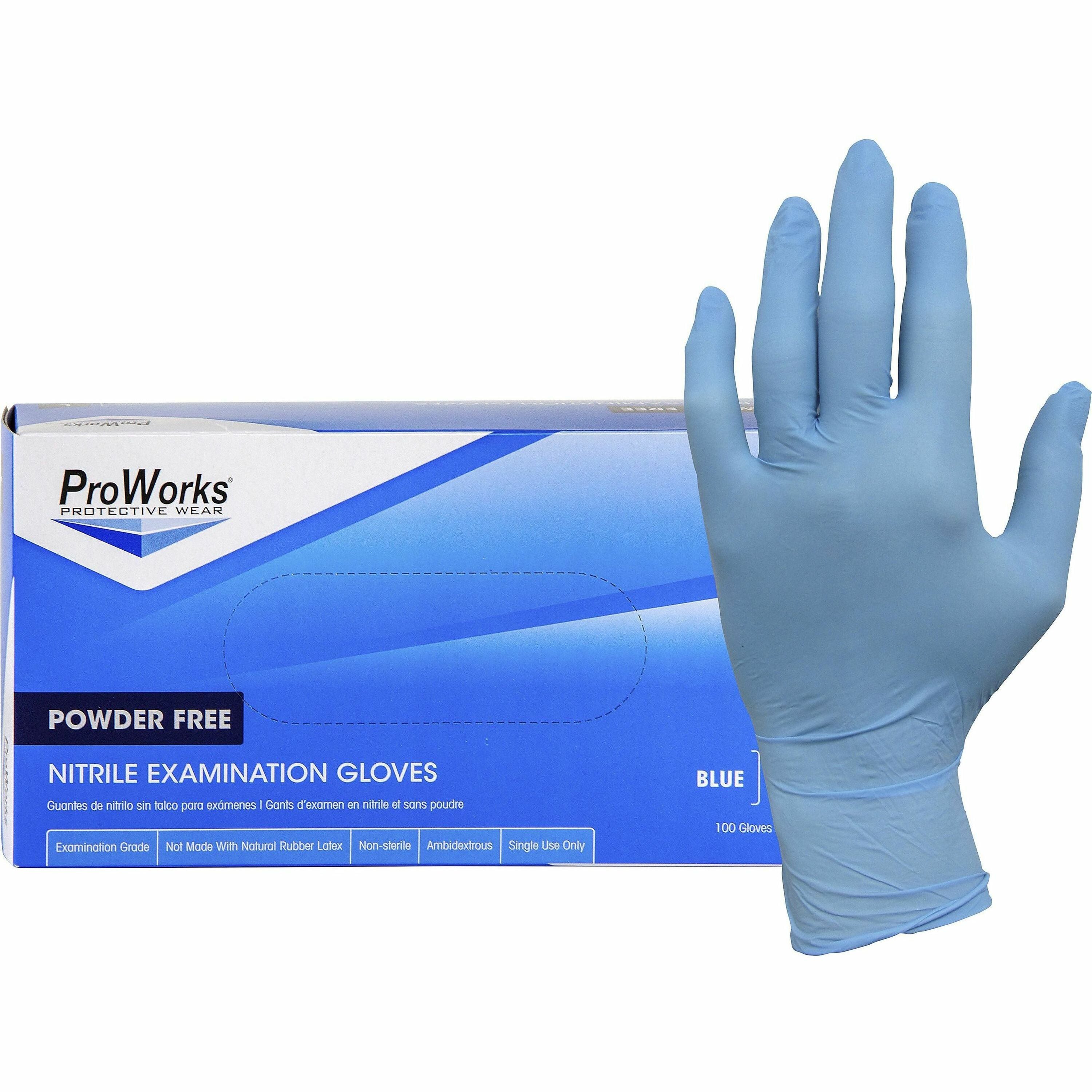 ProWorks NPF Nitrile Powder Free Exam Gloves, Large, Blue, 5.5 mil, 9.5" Length, Non-sterile, Latex-free, Odor-free, Puncture & Tear Resistant, Textured Fingertip, 100 Gloves/Box, 10 Boxes/Carton
