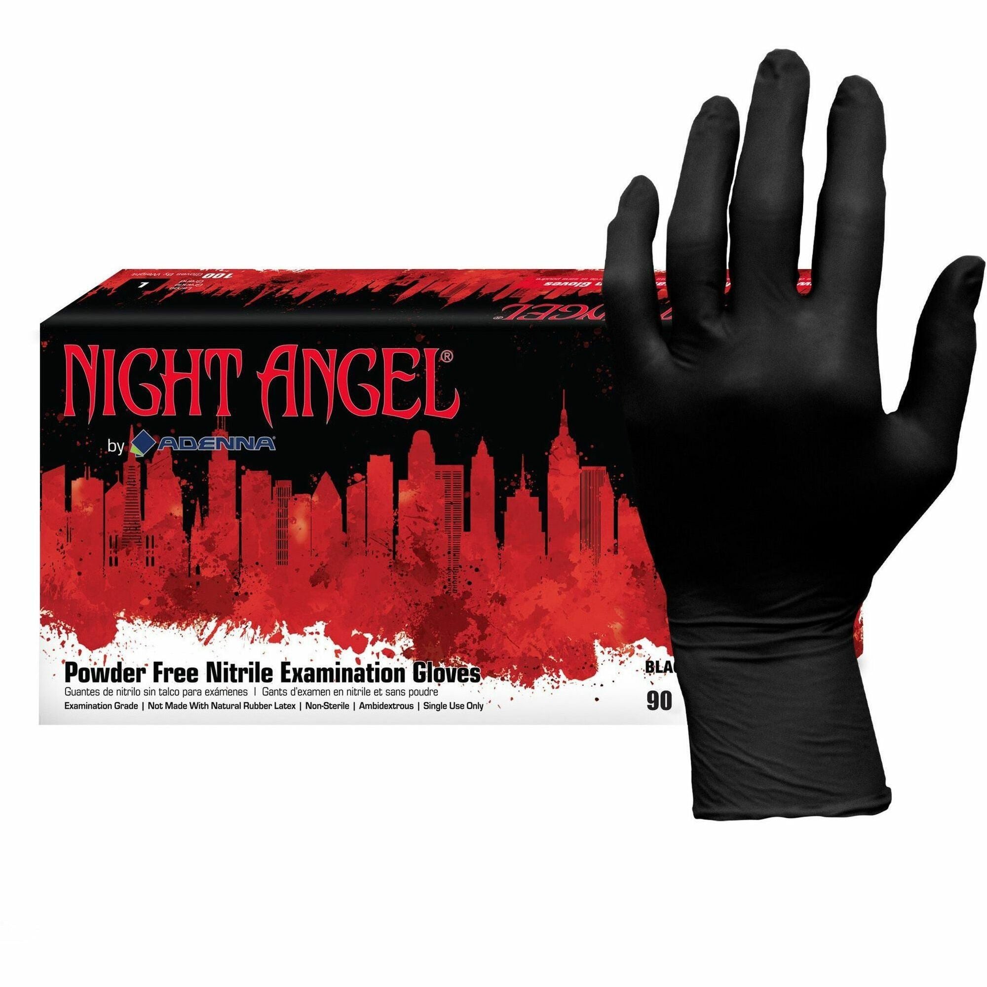 NIGHT ANGEL Nitrile Powder Free Exam Gloves, X-Large, Black, 4 mil Thickness, 9.40" Length, Latex-Free, Non-Sterile, Textured, 90 Gloves per Box, 10 Boxes per Carton