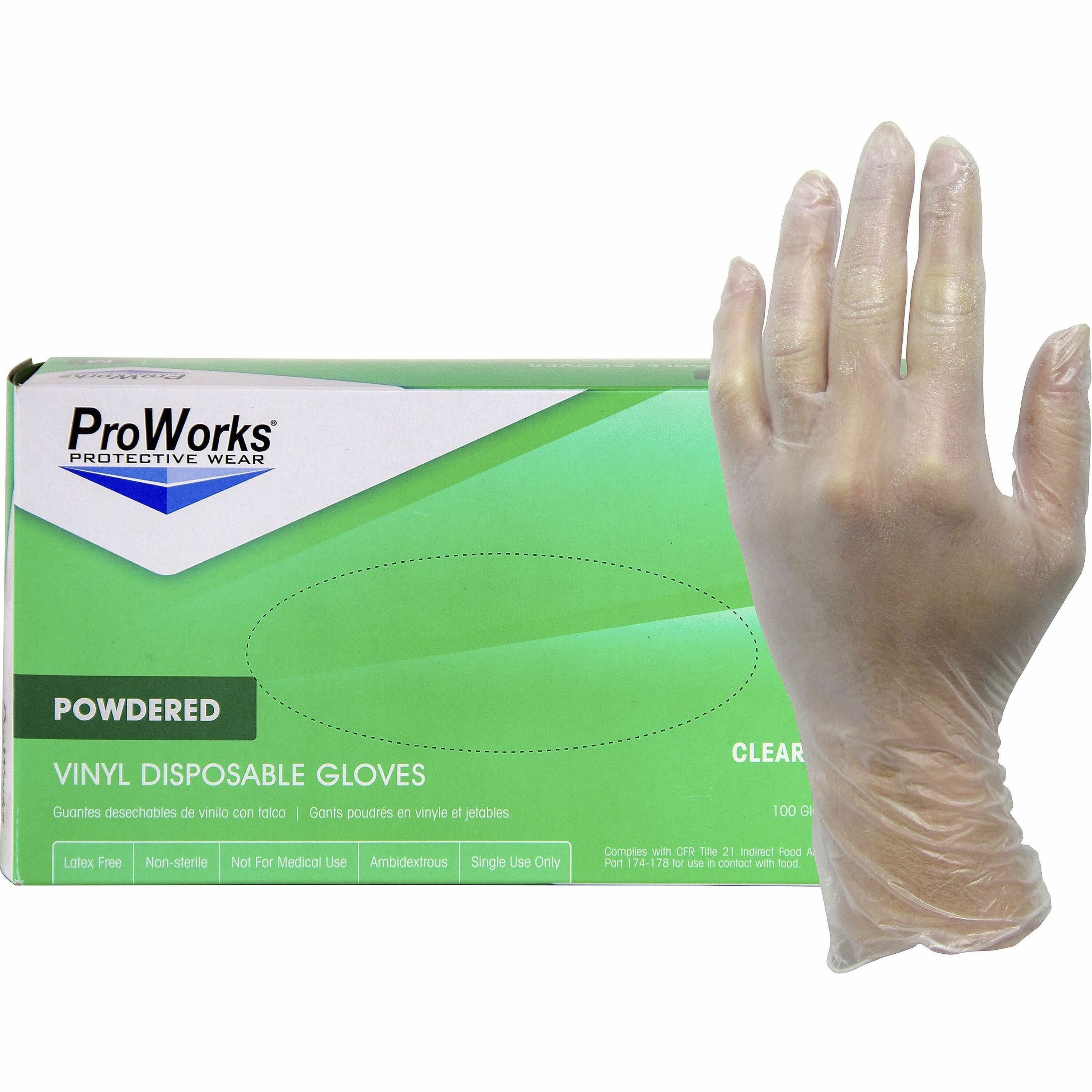 ProWorks Vinyl Powdered Industrial Gloves, X-Large, 3 mil, 9" Length, Clear Vinyl, Beaded Cuff, Non-sterile, Disposable, 100 Gloves/Box, 10 Boxes/Carton