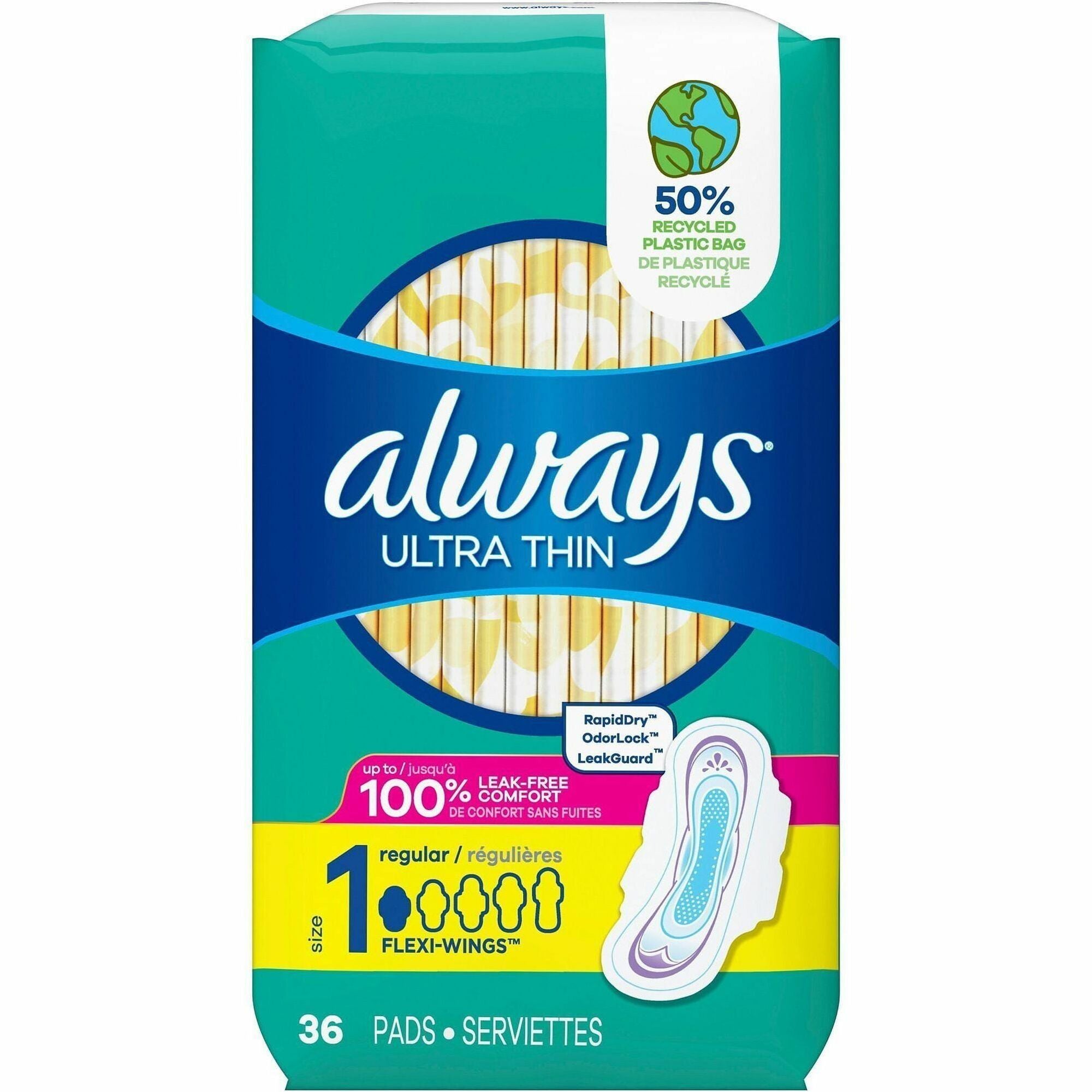 Always Flexi-Wing Ultra Thin Pads, Regular, Anti-leak, Comfortable, Absorbent, Mint Green, 36 Pack