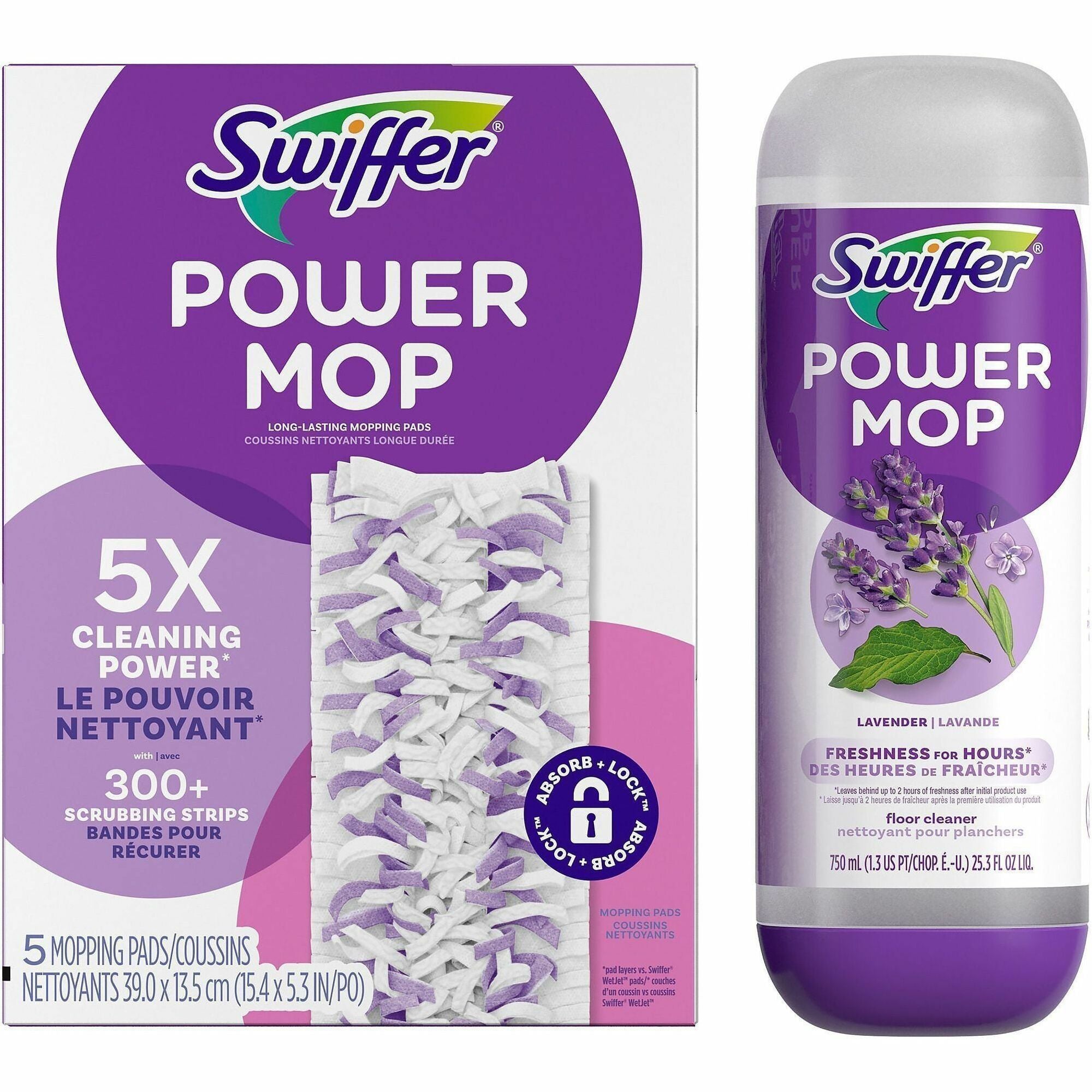 Swiffer PowerMop Refill Pack, Purple, 1 Kit (Includes Five Mopping Pad Refills and Floor Cleaning Solution)