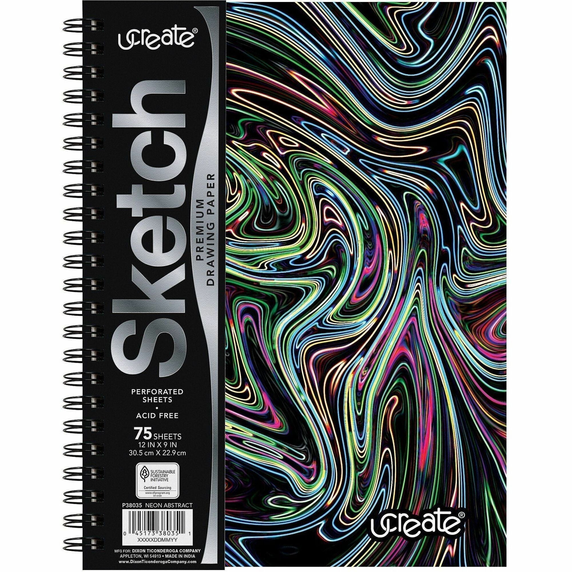 Pacon Fashion Sketch Book, 75 Pages, Spiral Bound, 120 g/m², 9" x 6", Neon Squiggles Cover, Acid-Free, Perforated, Durable, 1 Each