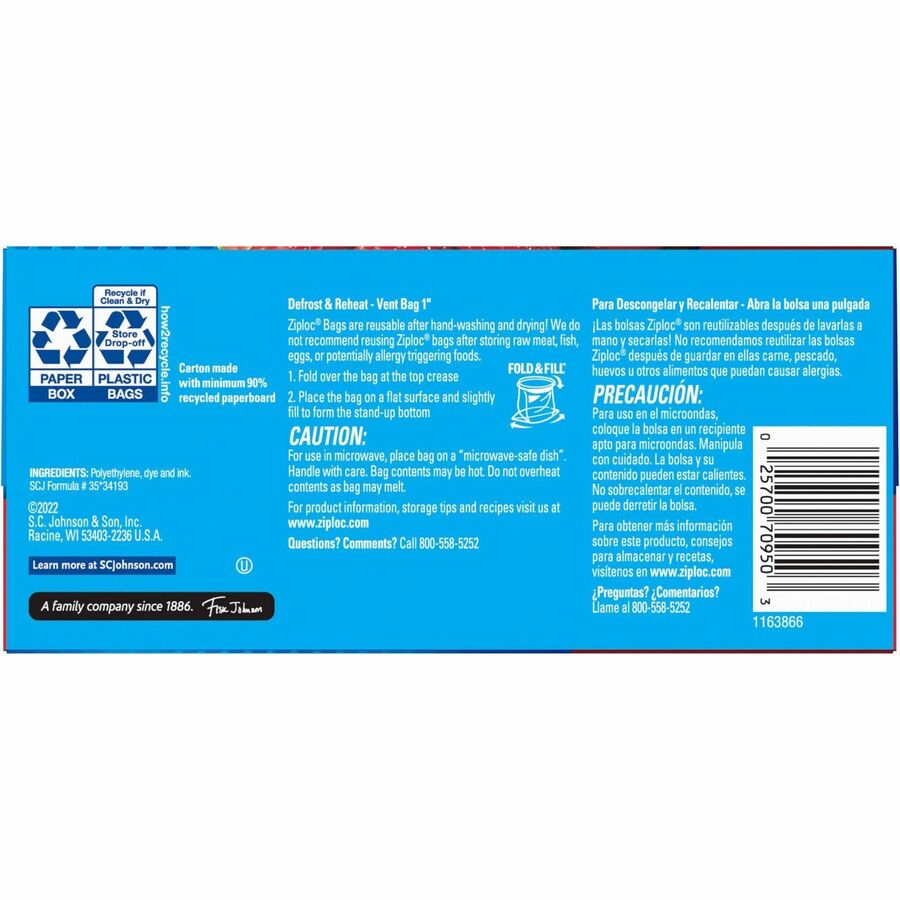 Ziploc Stand-Up Storage Bags, 1 Quart, Blue, 80/Box