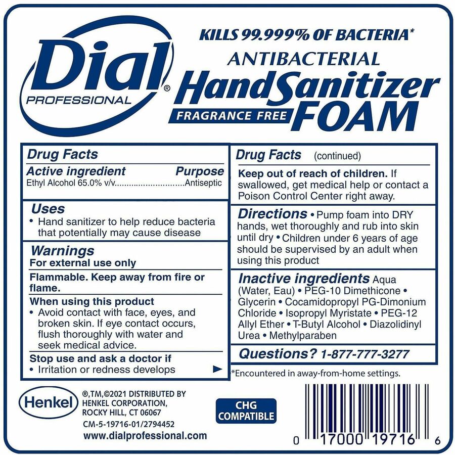 Dial Hand Sanitizer Foam Refill, 1.27 Quart, Bottle Dispenser, Fragrance-Free, Dye-Free, White, 1 Each
