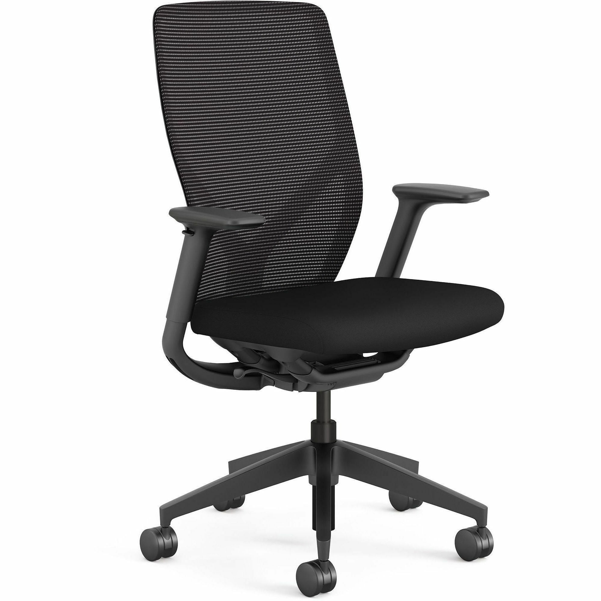 HON Flexion Task Chair, Black Vinyl/Polyurethane Seat, Black Mesh Back, Adjustable Arms, 5-Star Base, 1 Each