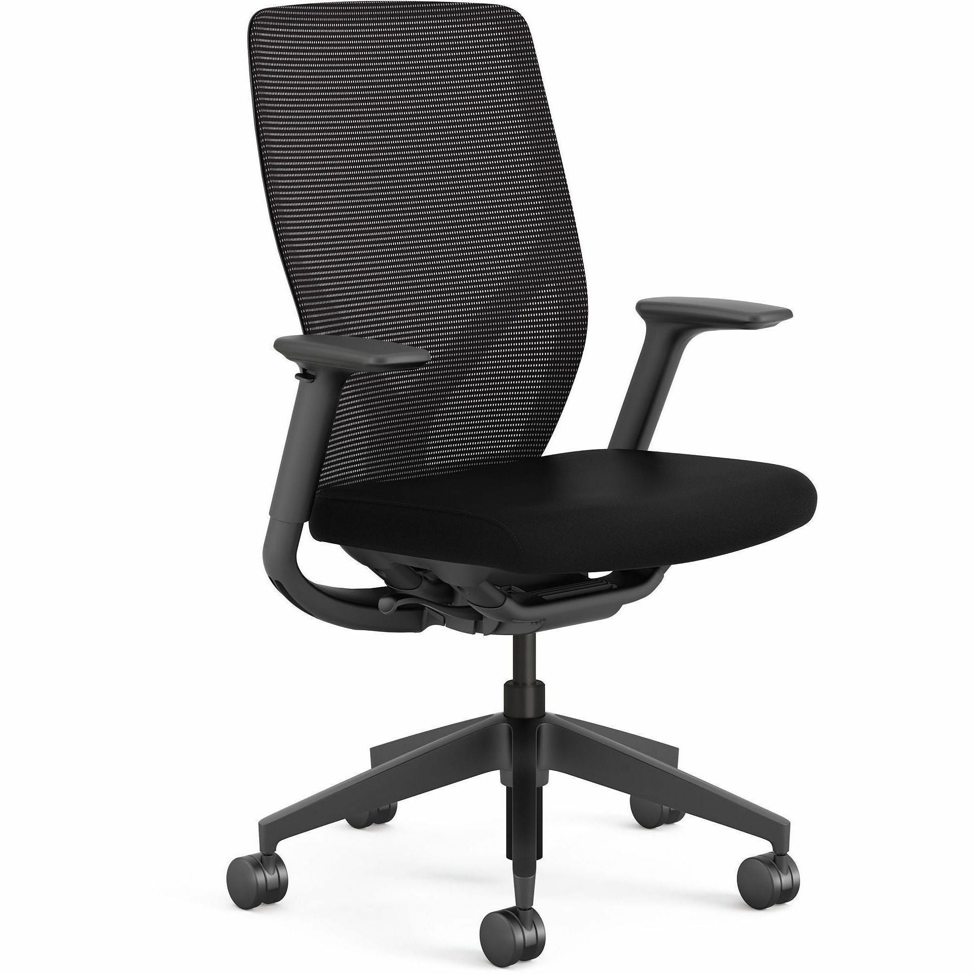 HON Flexion Task Chair, Black Fabric Seat, Black Mesh Back, Adjustable Arms, 5-Star Base, 1 Each