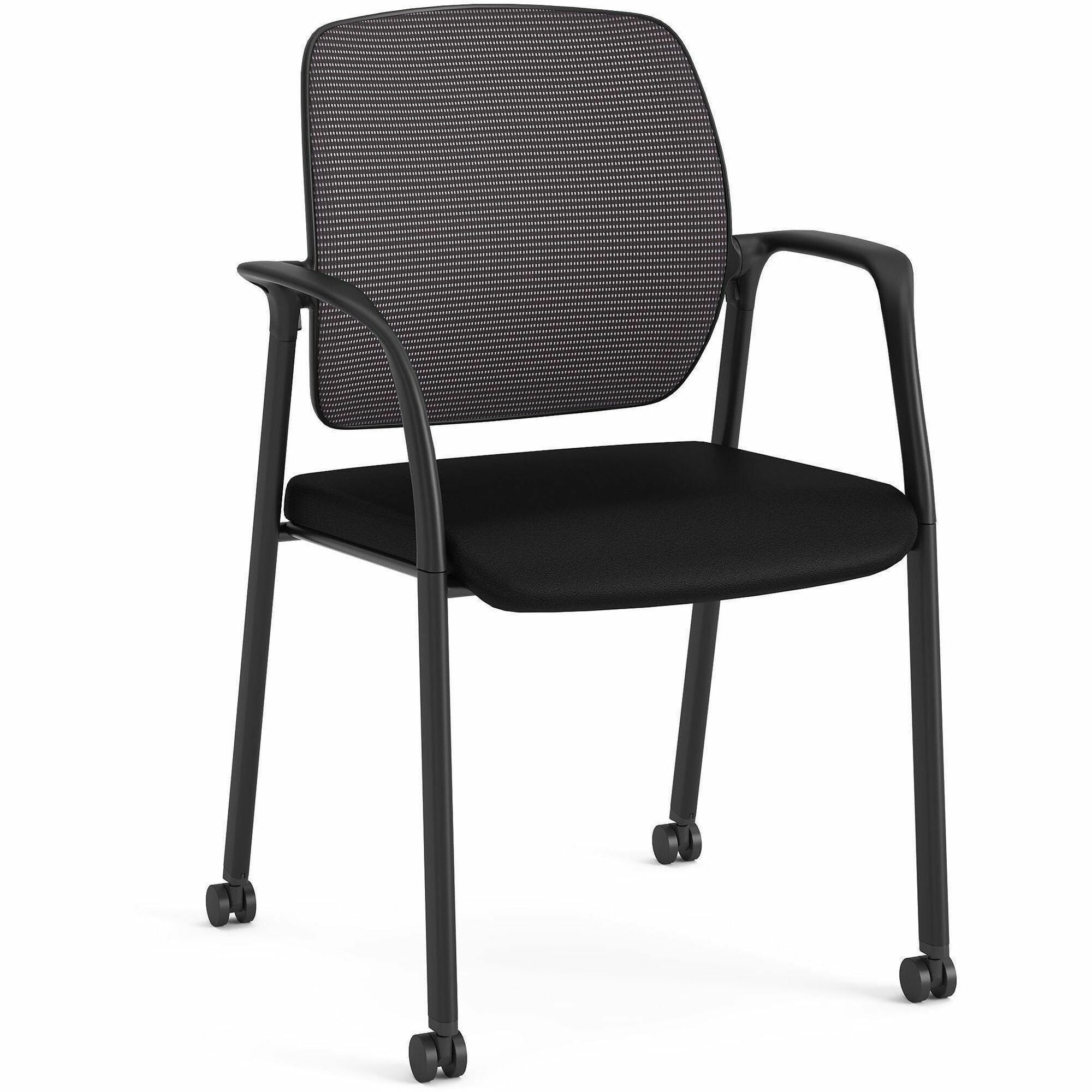 HON Nucleus Guest Chair, Black Fabric Seat, Black Mesh Back, Four-Legged Base, Arched Armrests, Modern Style, 1 Each