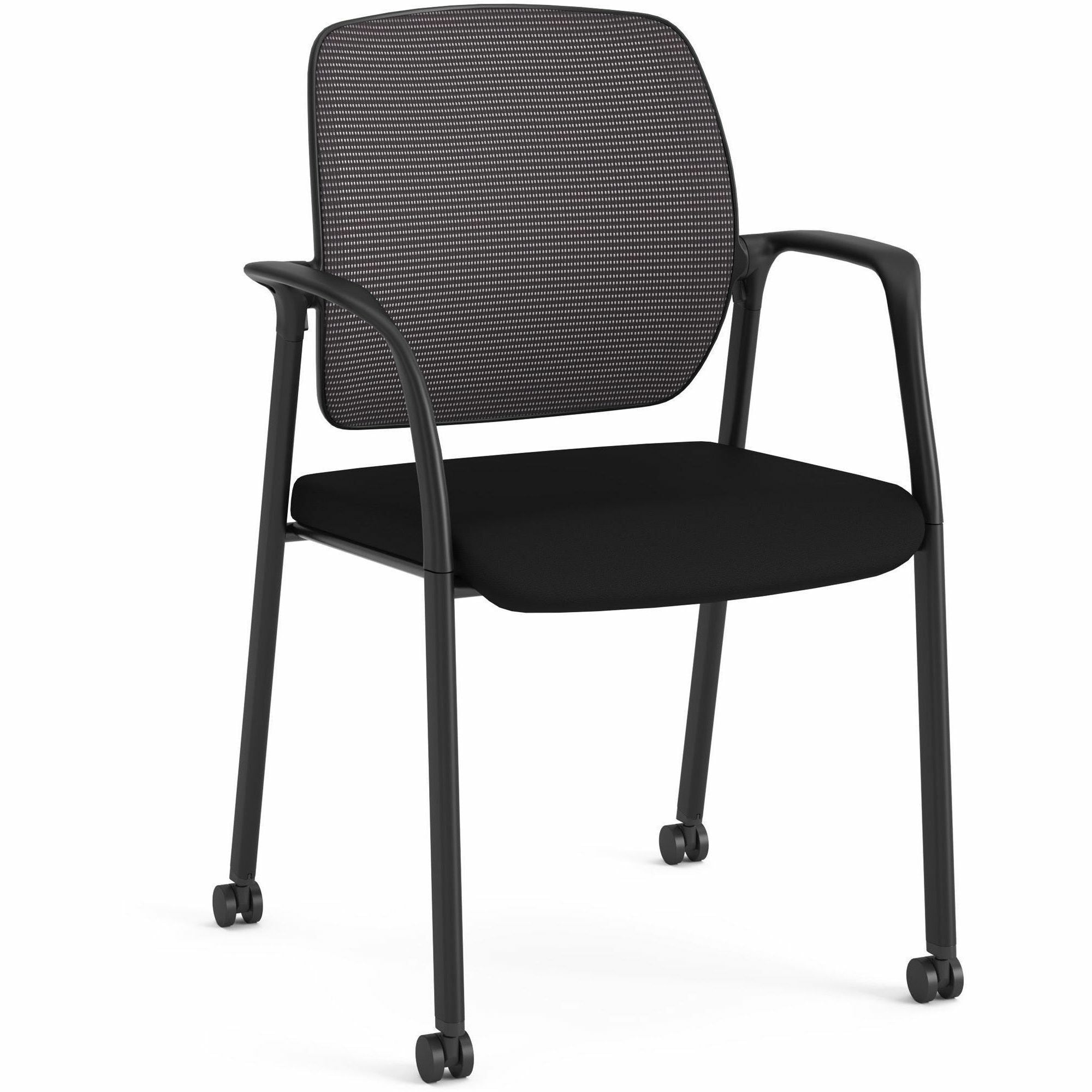 HON Nucleus Guest Chair, Black Fabric Seat, Black Mesh Back, Four-Legged Base, Arched Armrests, Modern Style, 1 Each