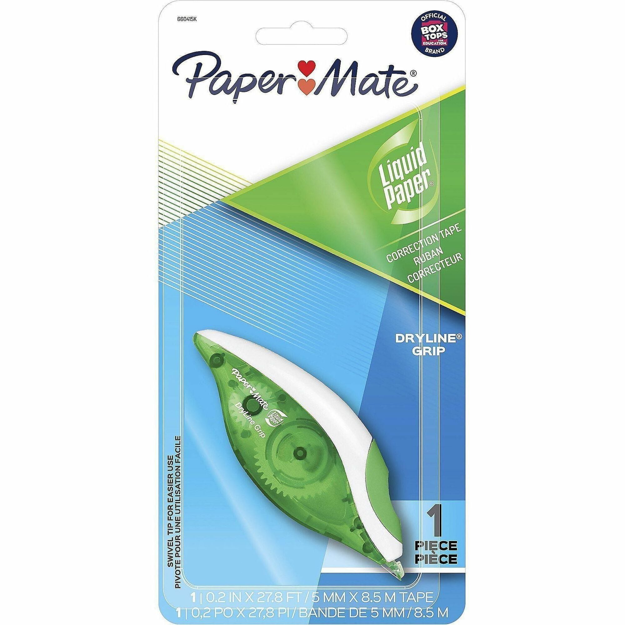 Paper Mate DryLine Grip Correction Tape, 0.20" x 27.80 ft, Green/White/Transparent Dispenser, Smooth, Mess-free, Swivel Tip, Ergonomic, Tear Resistant, White, 1 Pack