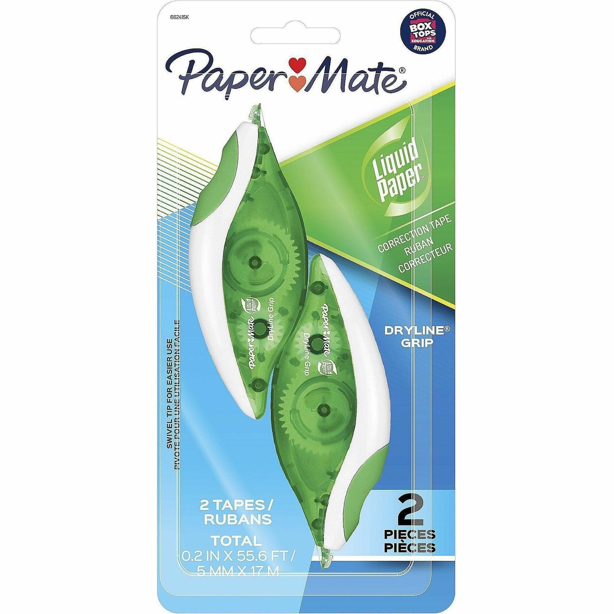 Paper Mate DryLine Grip Correction Tape, 0.20" x 27.80 ft, Green/White/Transparent Dispenser, Smooth, Mess-free, Swivel Tip, Ergonomic, Tear Resistant, 2 Pack