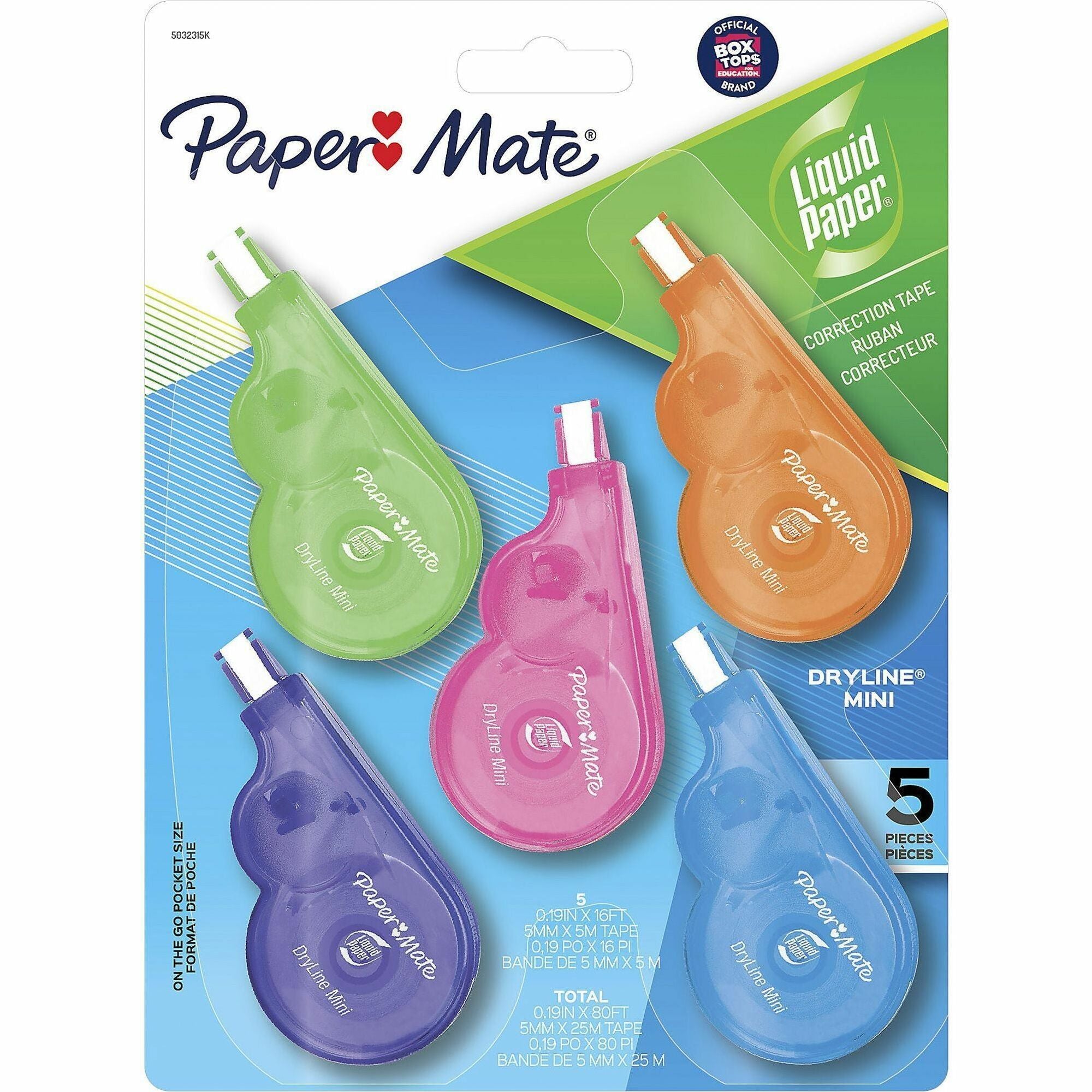 Paper Mate Dryline Mini Grip Correction Tape, 0.20" x 16.40 ft, White Tape, Assorted Dispenser, Break Resistant, Mess-free, 5 Pack