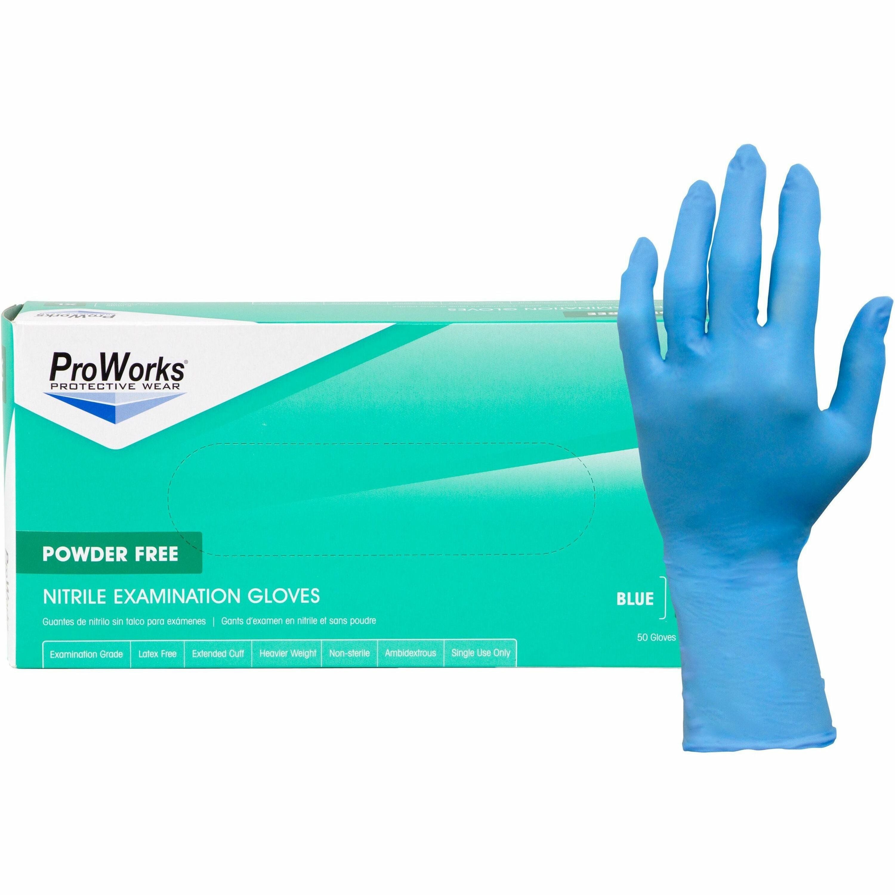 ProWorks Nitrile Powder-Free Exam Gloves, Small, 8 mil, 12" Length, Blue, Non-sterile, Latex-free, Heavyweight, 100 Gloves/Box, 10 Boxes/Carton