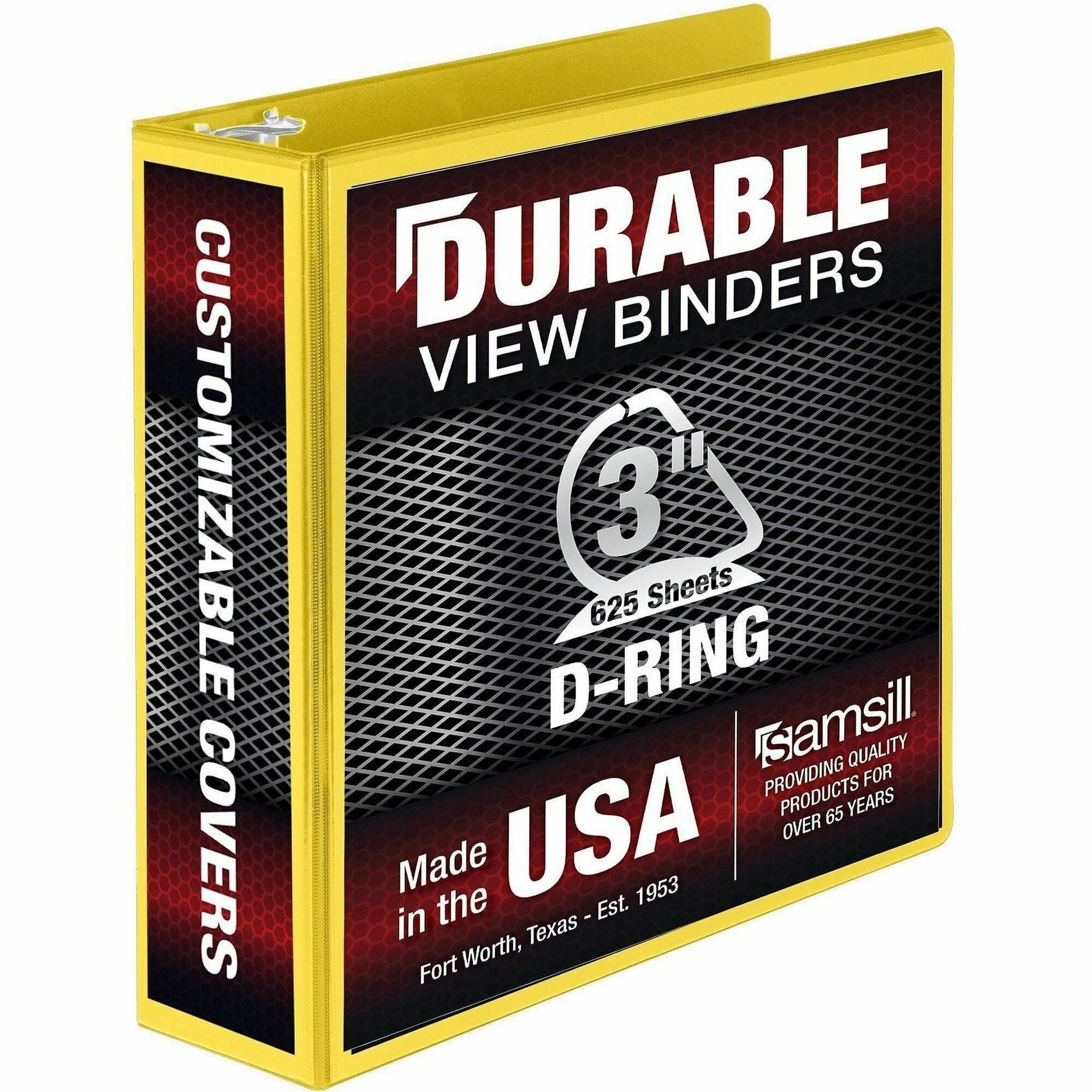 Samsill Durable Three-Ring View Binder, 3" D-Ring, 625 Sheet Capacity, 2 Internal Pockets, Polypropylene/Chipboard, Yellow, Clear Overlay, PVC-Free, 1 Each