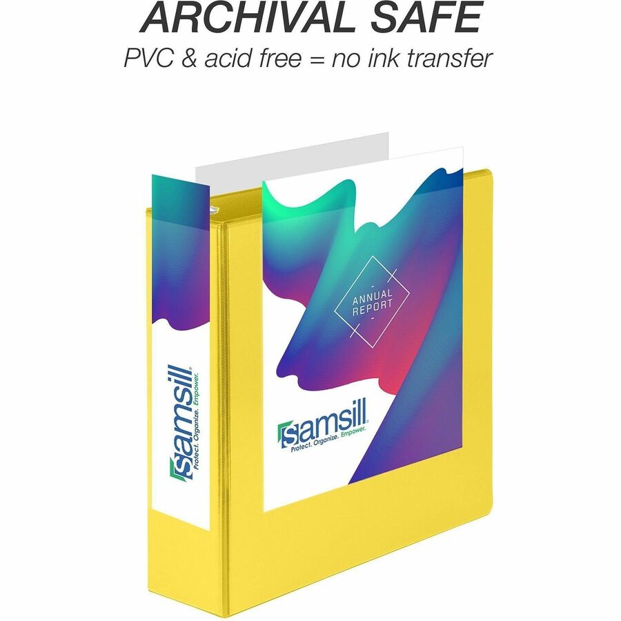 Samsill Durable Three-Ring View Binder, 3" D-Ring, 625 Sheet Capacity, 2 Internal Pockets, Polypropylene/Chipboard, Yellow, Clear Overlay, PVC-Free, 1 Each