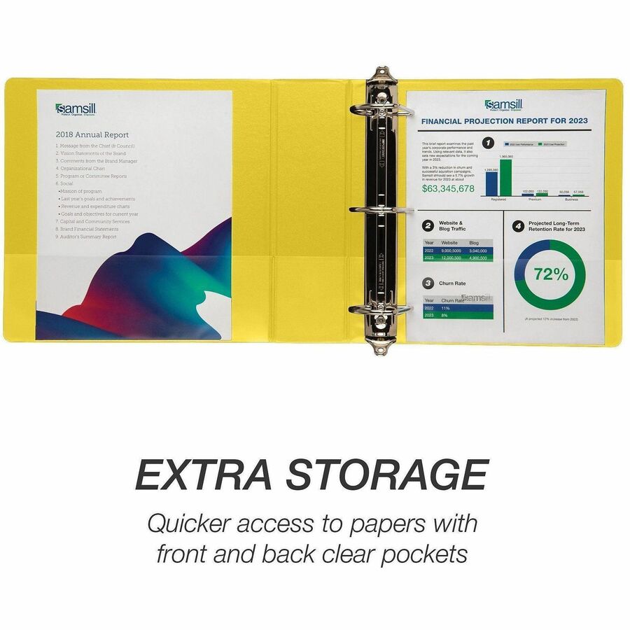 Samsill Durable Three-Ring View Binder, 3" D-Ring, 625 Sheet Capacity, 2 Internal Pockets, Polypropylene/Chipboard, Yellow, Clear Overlay, PVC-Free, 1 Each