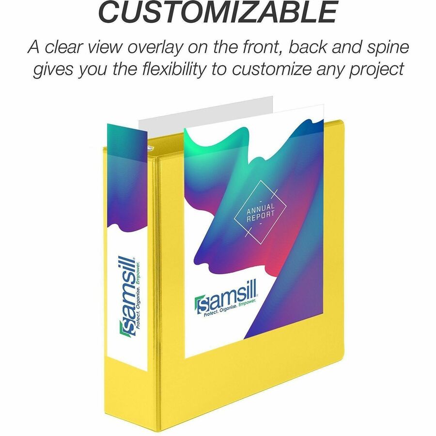Samsill Durable Three-Ring View Binder, 3" D-Ring, 625 Sheet Capacity, 2 Internal Pockets, Polypropylene/Chipboard, Yellow, Clear Overlay, PVC-Free, 1 Each