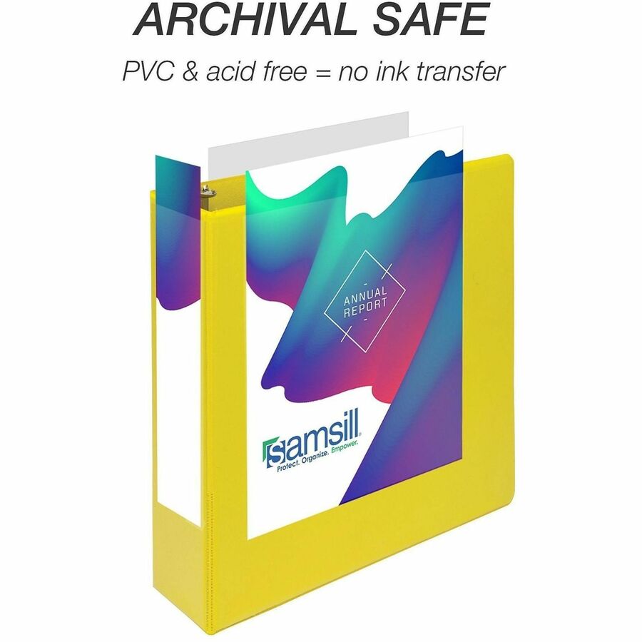 Samsill Durable Three-Ring View Binder, 2" D-Ring, 475 Sheet Capacity, 2 Internal Pockets, Polypropylene/Chipboard, Yellow, Clear Overlay, PVC-Free, Ink-Transfer Resistant, 1 Each