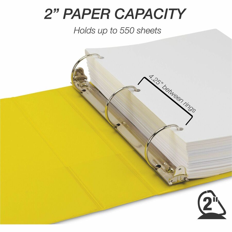 Samsill Durable Three-Ring View Binder, 2" D-Ring, 475 Sheet Capacity, 2 Internal Pockets, Polypropylene/Chipboard, Yellow, Clear Overlay, PVC-Free, Ink-Transfer Resistant, 1 Each