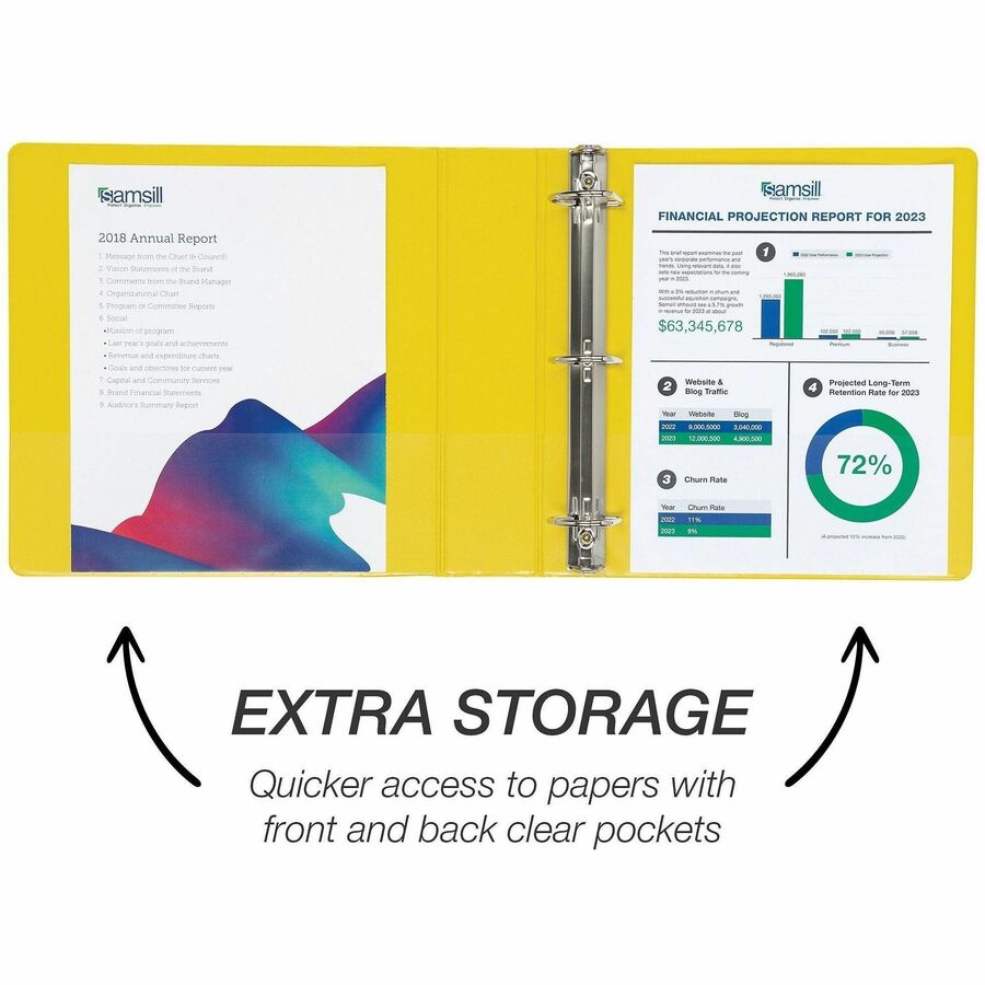 Samsill Durable Three-Ring View Binder, 2" D-Ring, 475 Sheet Capacity, 2 Internal Pockets, Polypropylene/Chipboard, Yellow, Clear Overlay, PVC-Free, Ink-Transfer Resistant, 1 Each