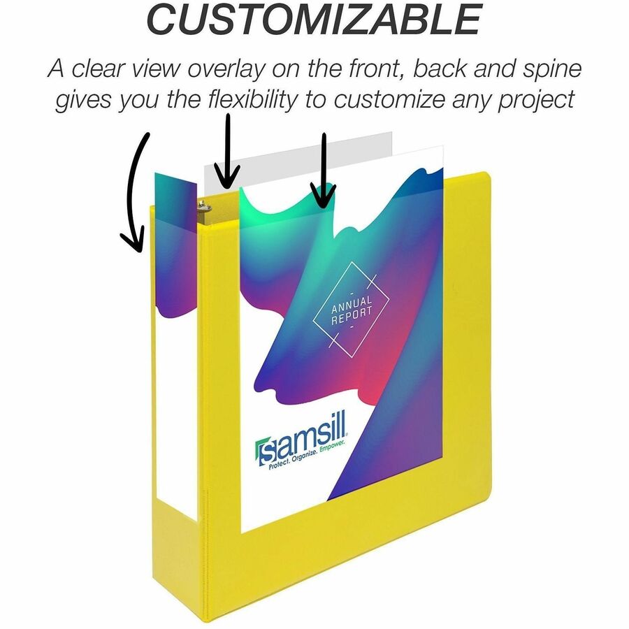 Samsill Durable Three-Ring View Binder, 2" D-Ring, 475 Sheet Capacity, 2 Internal Pockets, Polypropylene/Chipboard, Yellow, Clear Overlay, PVC-Free, Ink-Transfer Resistant, 1 Each