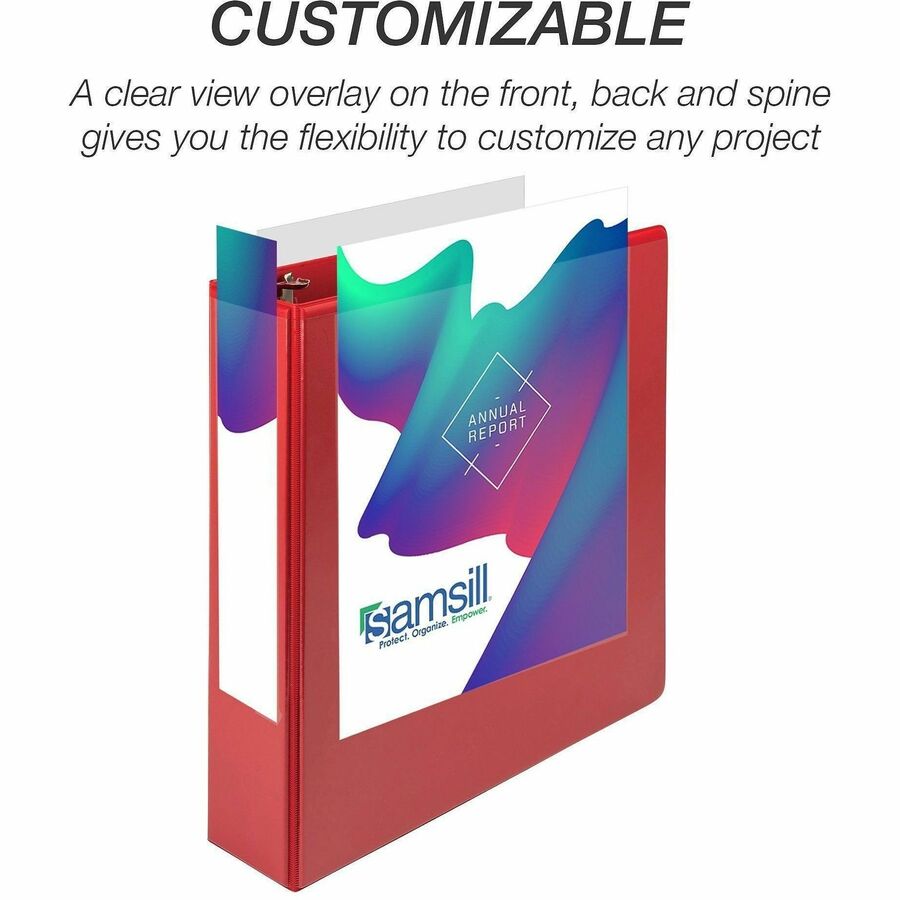 Samsill Durable Three-Ring View Binder, 3" D-Ring, 625 Sheet Capacity, 2 Internal Pockets, Polypropylene/Chipboard, Red, PVC-Free, Ink-Transfer Resistant, Clear Overlay, 1 Each