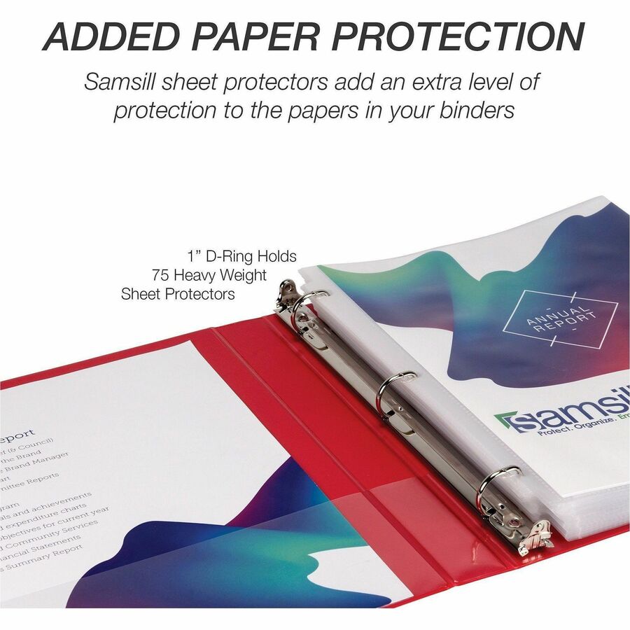 Samsill Durable Three-Ring View Binder, 1" D-Ring, 225 Sheet Capacity, 2 Internal Pockets, Polypropylene/Chipboard, Red, PVC-Free, Ink-Transfer Resistant, Clear Overlay, 1 Each