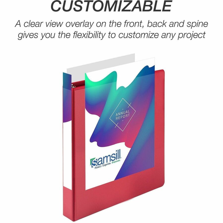 Samsill Durable Three-Ring View Binder, 1" D-Ring, 225 Sheet Capacity, 2 Internal Pockets, Polypropylene/Chipboard, Red, PVC-Free, Ink-Transfer Resistant, Clear Overlay, 1 Each