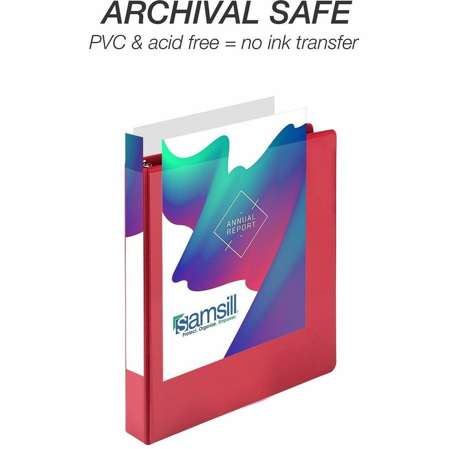 Samsill Durable Three-Ring View Binder, 1" D-Ring, 225 Sheet Capacity, 2 Internal Pockets, Polypropylene/Chipboard, Red, PVC-Free, Ink-Transfer Resistant, Clear Overlay, 1 Each