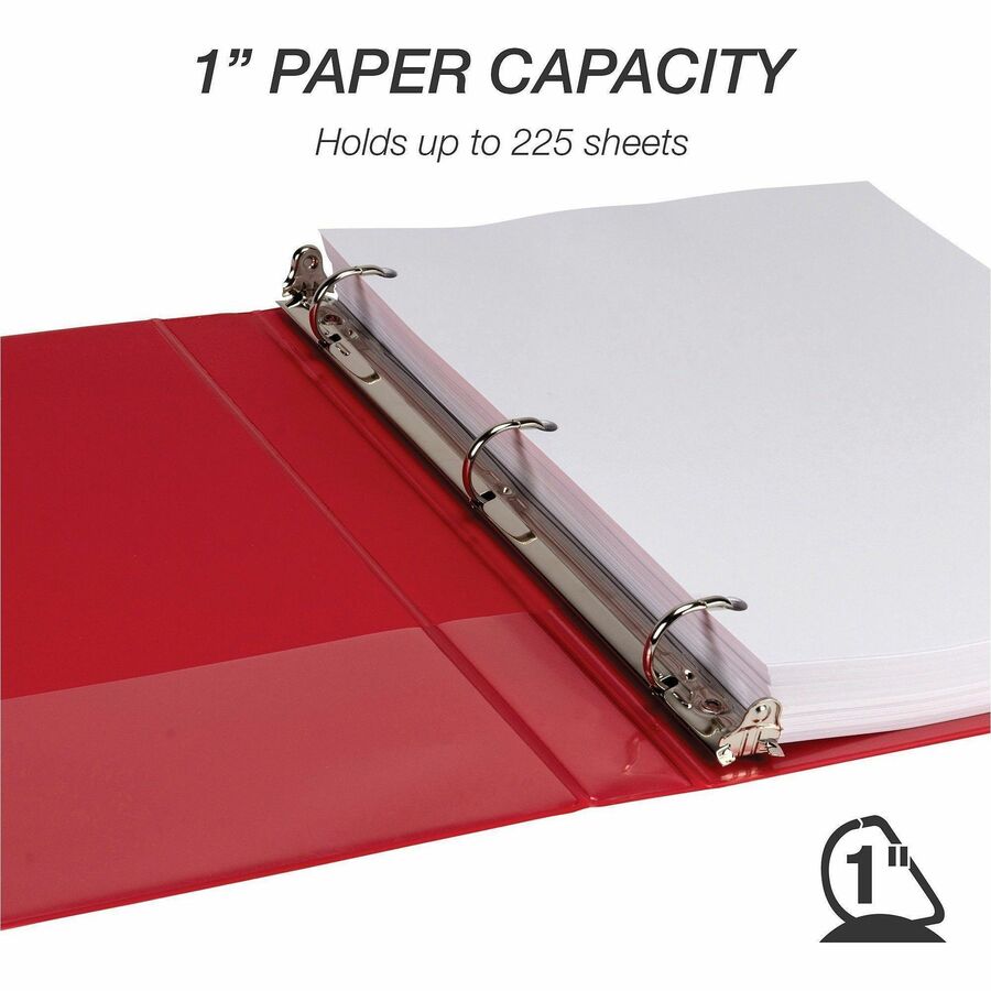 Samsill Durable Three-Ring View Binder, 1" D-Ring, 225 Sheet Capacity, 2 Internal Pockets, Polypropylene/Chipboard, Red, PVC-Free, Ink-Transfer Resistant, Clear Overlay, 1 Each