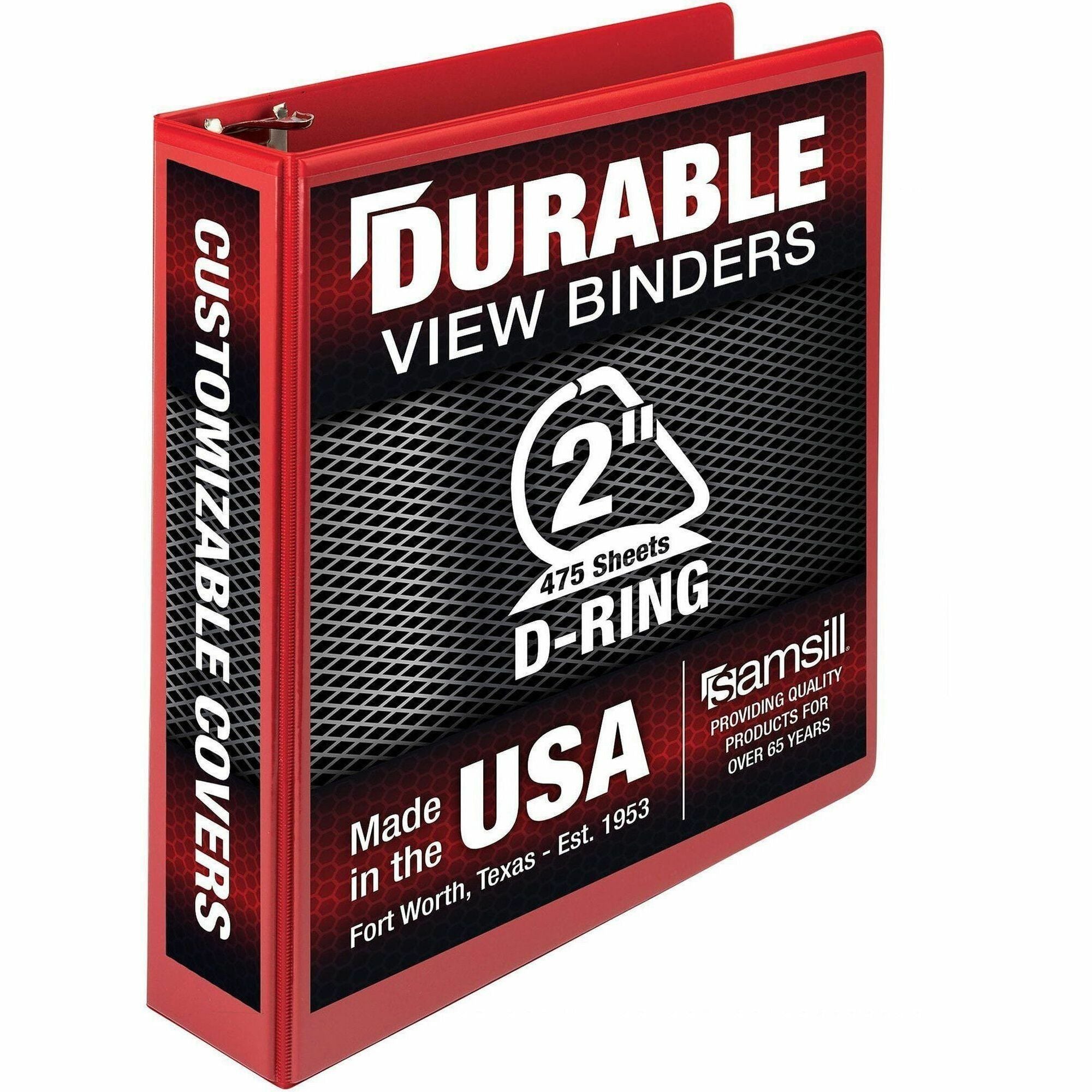 Samsill Durable Three-Ring View Binder, 2" D-Ring, 475 Sheet Capacity, 2 Internal Pockets, Red, PVC-Free, Clear Overlay, 1 Each