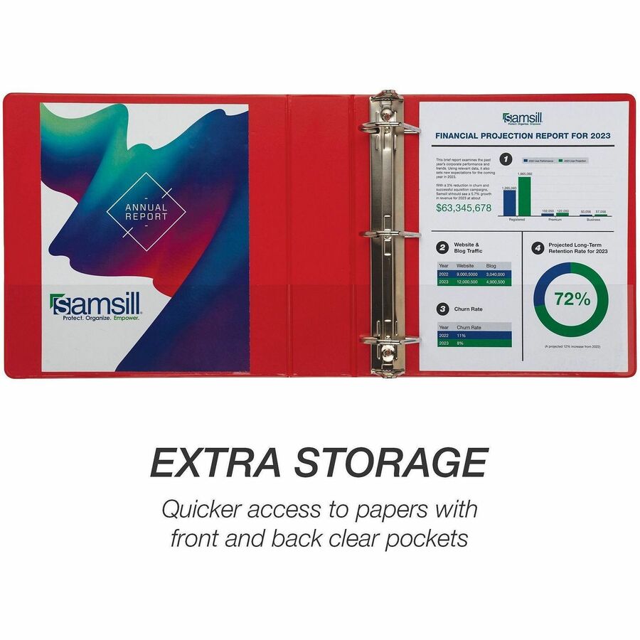 Samsill Durable Three-Ring View Binder, 2" D-Ring, 475 Sheet Capacity, 2 Internal Pockets, Red, PVC-Free, Clear Overlay, 1 Each