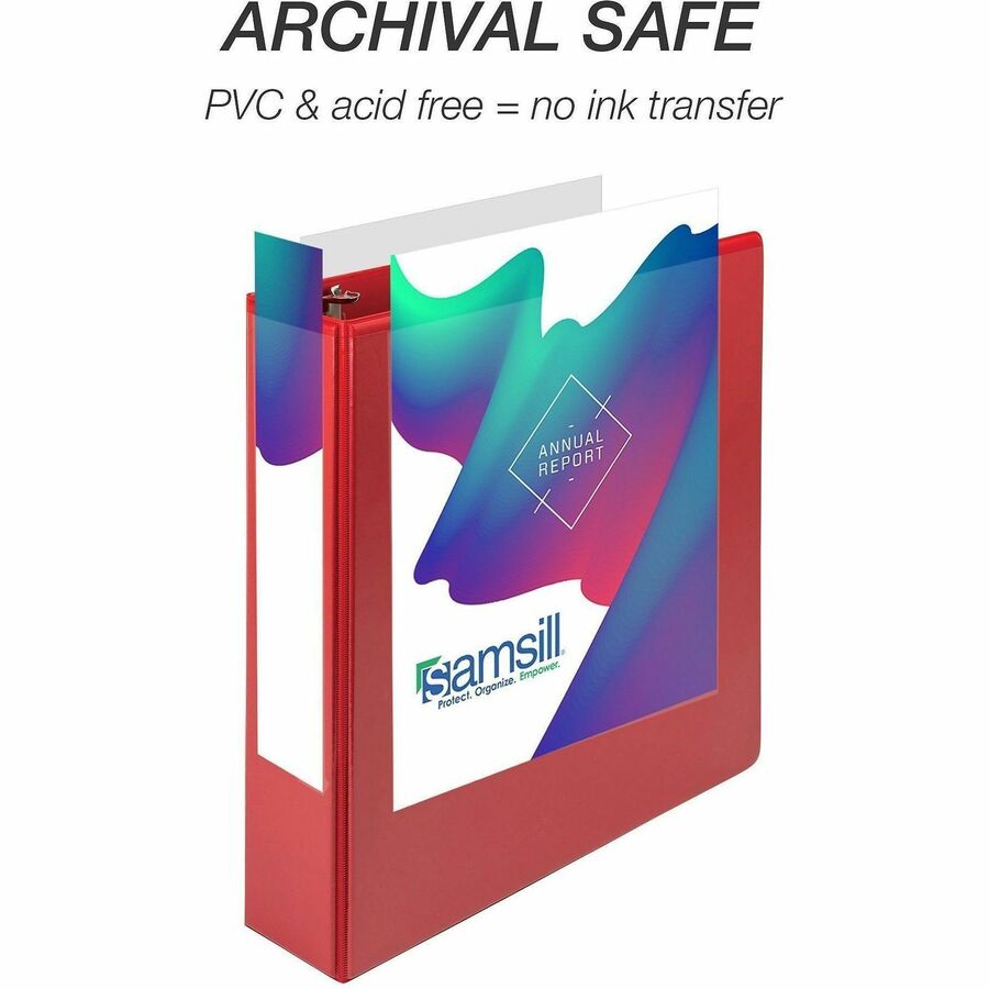 Samsill Durable Three-Ring View Binder, 2" D-Ring, 475 Sheet Capacity, 2 Internal Pockets, Red, PVC-Free, Clear Overlay, 1 Each