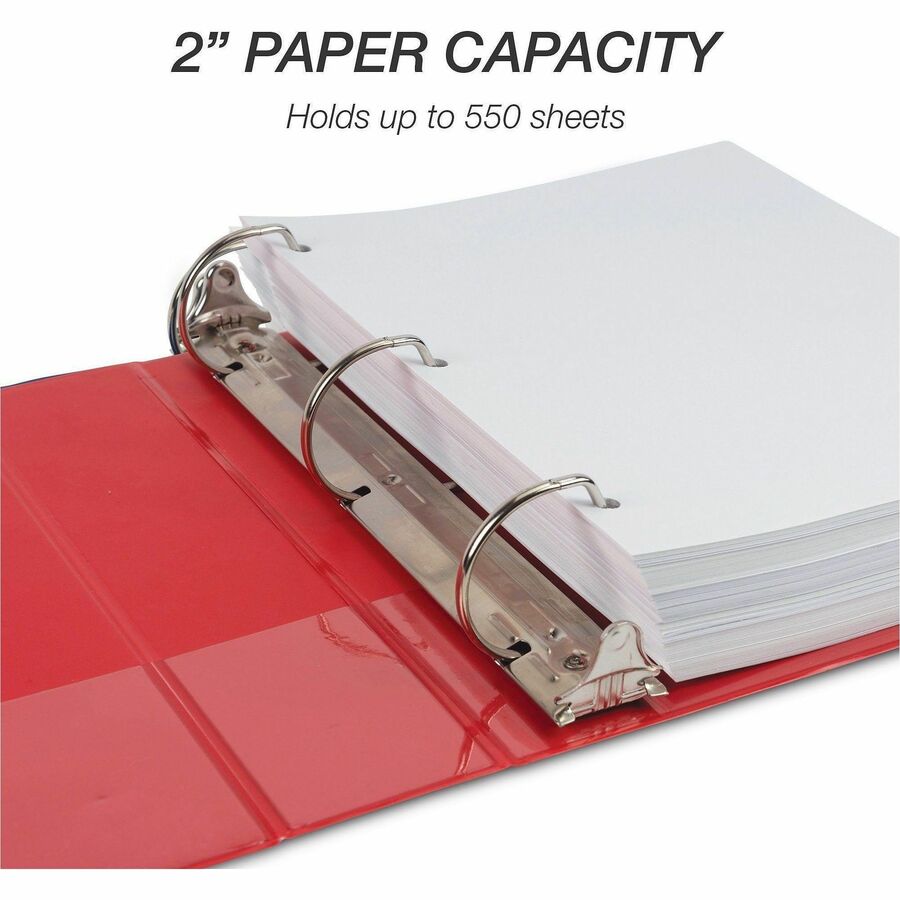 Samsill Durable Three-Ring View Binder, 2" D-Ring, 475 Sheet Capacity, 2 Internal Pockets, Red, PVC-Free, Clear Overlay, 1 Each