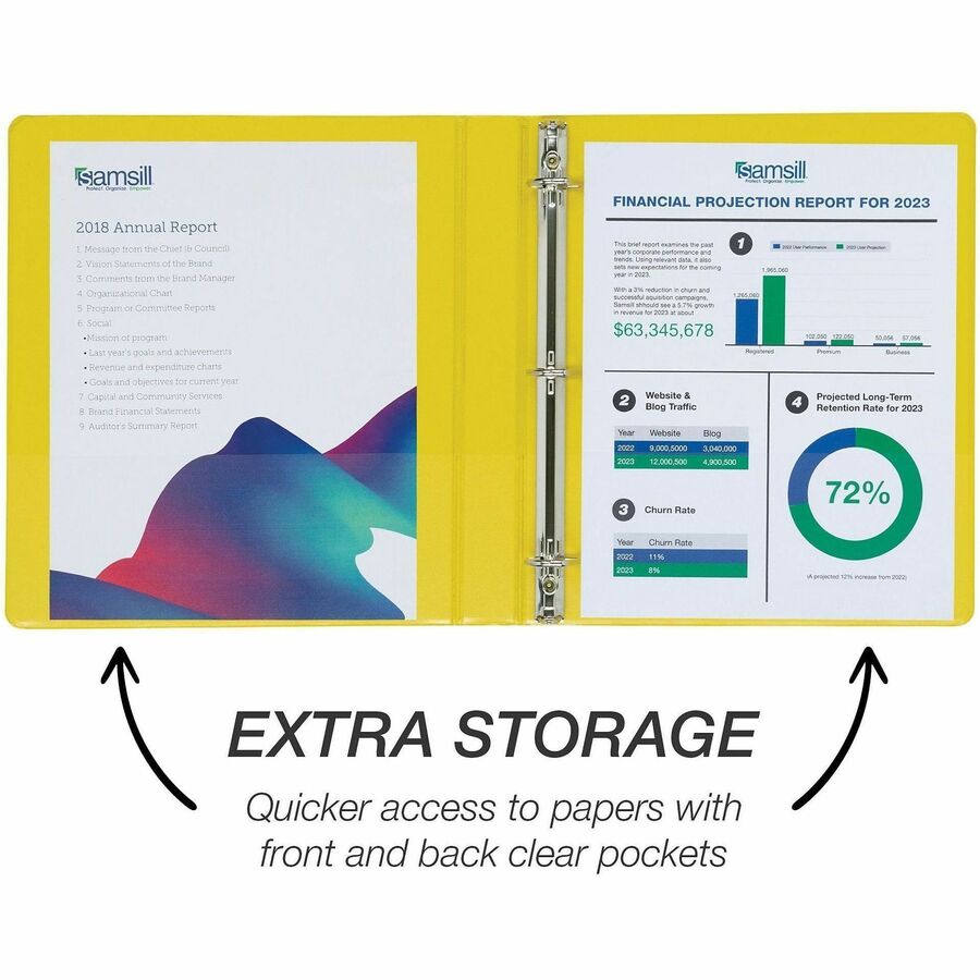 Samsill Durable Three-Ring View Binder, 1" D-Ring, 225 Sheet Capacity, 2 Internal Pockets, Polypropylene/Chipboard, Yellow, PVC-Free, Ink-Transfer Resistant, Clear Overlay, 1 Each