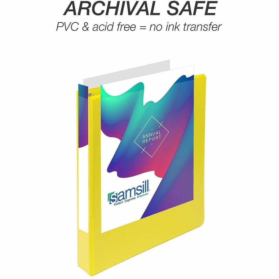Samsill Durable Three-Ring View Binder, 1" D-Ring, 225 Sheet Capacity, 2 Internal Pockets, Polypropylene/Chipboard, Yellow, PVC-Free, Ink-Transfer Resistant, Clear Overlay, 1 Each