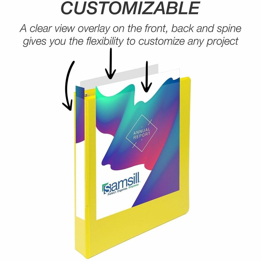 Samsill Durable Three-Ring View Binder, 1" D-Ring, 225 Sheet Capacity, 2 Internal Pockets, Polypropylene/Chipboard, Yellow, PVC-Free, Ink-Transfer Resistant, Clear Overlay, 1 Each