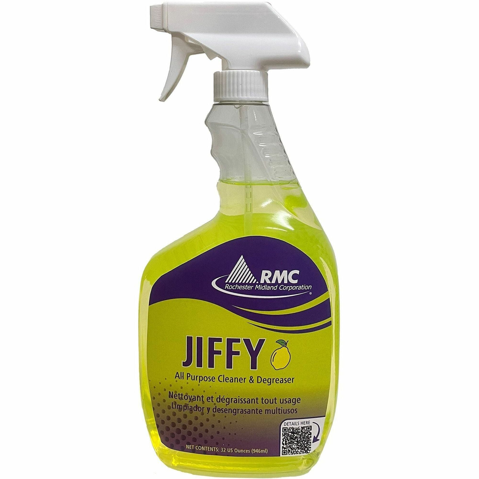 RMC Jiffy Spray Cleaner, Ready-To-Use, 32 fl oz (1 quart), 13.5 pH, Water Based, Rinse-free, Water Soluble, Clear Yellow-Green, 1 Each