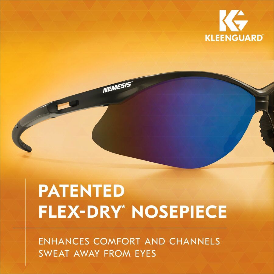 Kleenguard V30 Nemesis Safety Eyewear, Blue Mirror Lens, Black Frame, Polycarbonate, Anti-fog, Wraparound, Flexible, Soft Touch, Neck Cord Included, 12 per Box