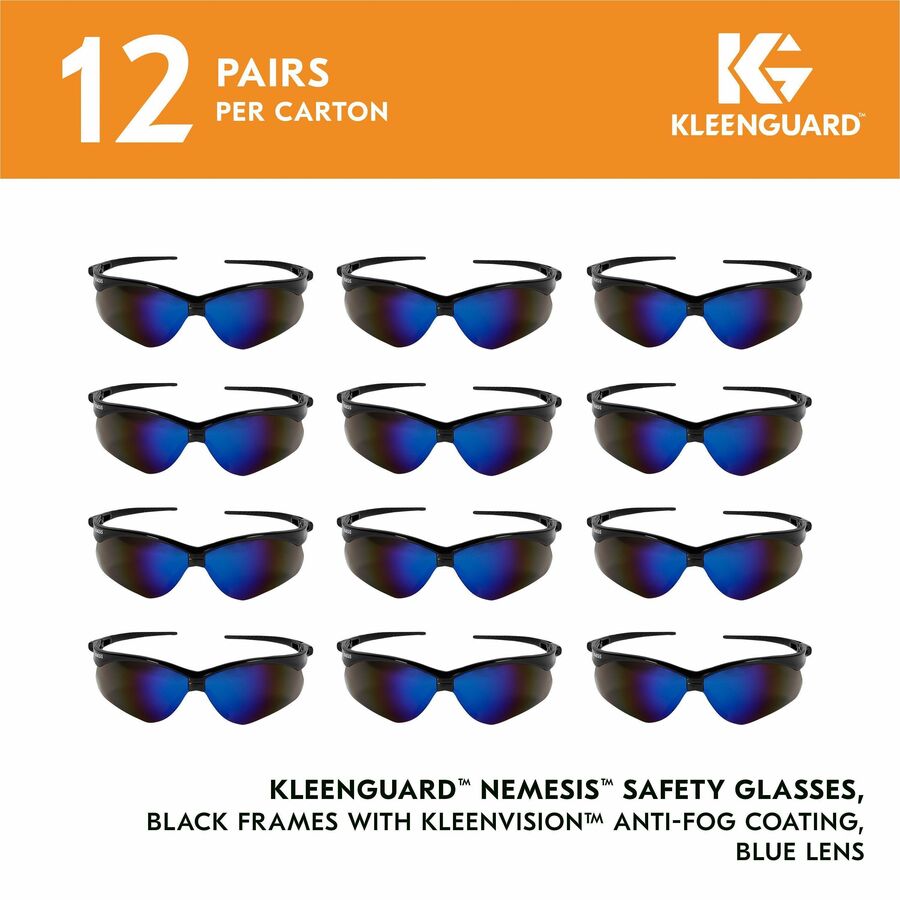 Kleenguard V30 Nemesis Safety Eyewear, Blue Mirror Lens, Black Frame, Polycarbonate, Anti-fog, Wraparound, Flexible, Soft Touch, Neck Cord Included, 12 per Box