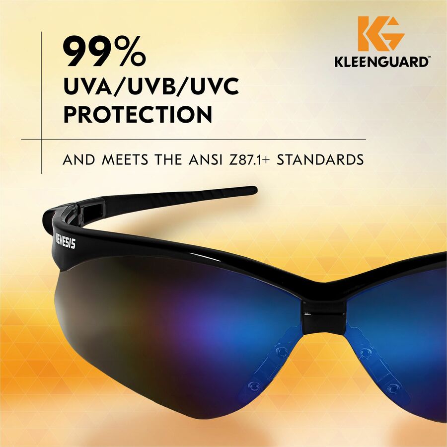 Kleenguard V30 Nemesis Safety Eyewear, Blue Mirror Lens, Black Frame, Polycarbonate, Anti-fog, Wraparound, Flexible, Soft Touch, Neck Cord Included, 12 per Box
