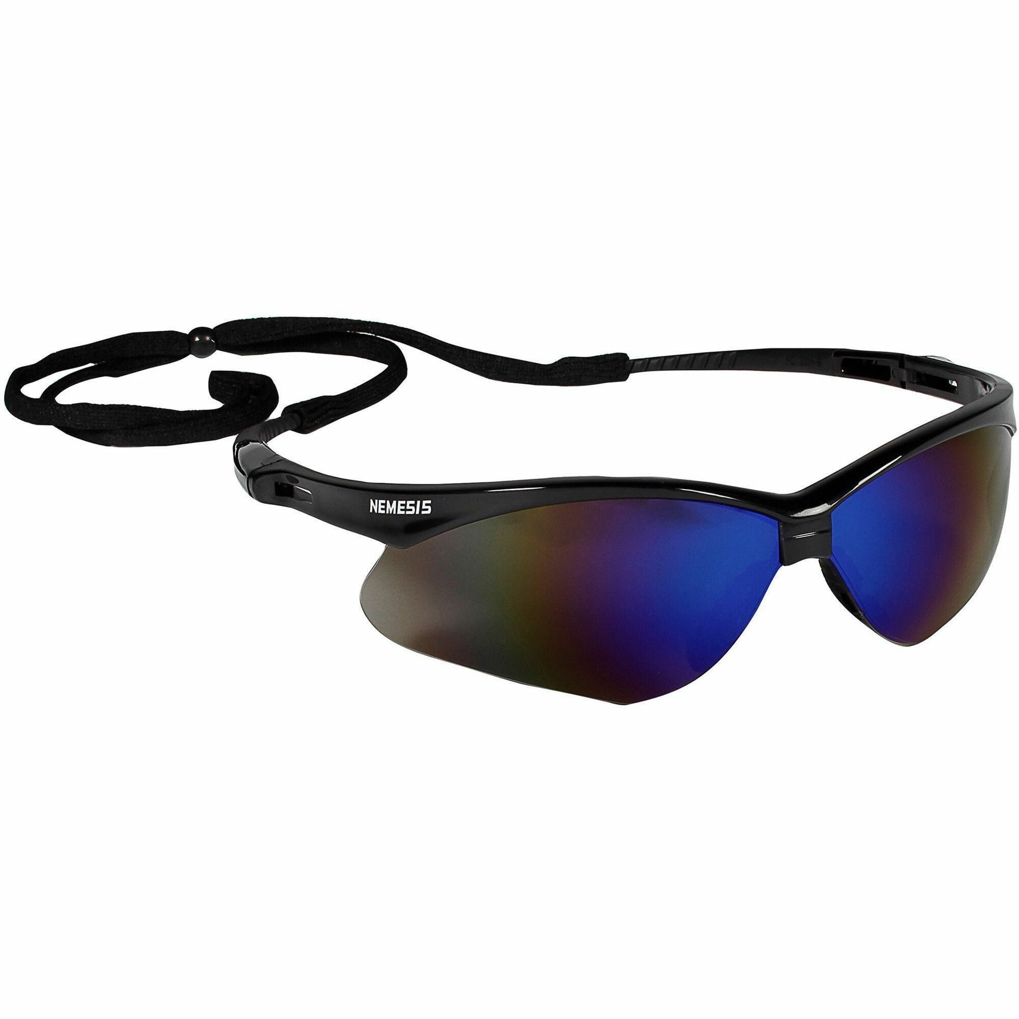Kleenguard V30 Nemesis Safety Eyewear, Blue Mirror Lens, Black Frame, Polycarbonate, Anti-fog, Wraparound, Flexible, Soft Touch, Neck Cord Included, 12 per Box