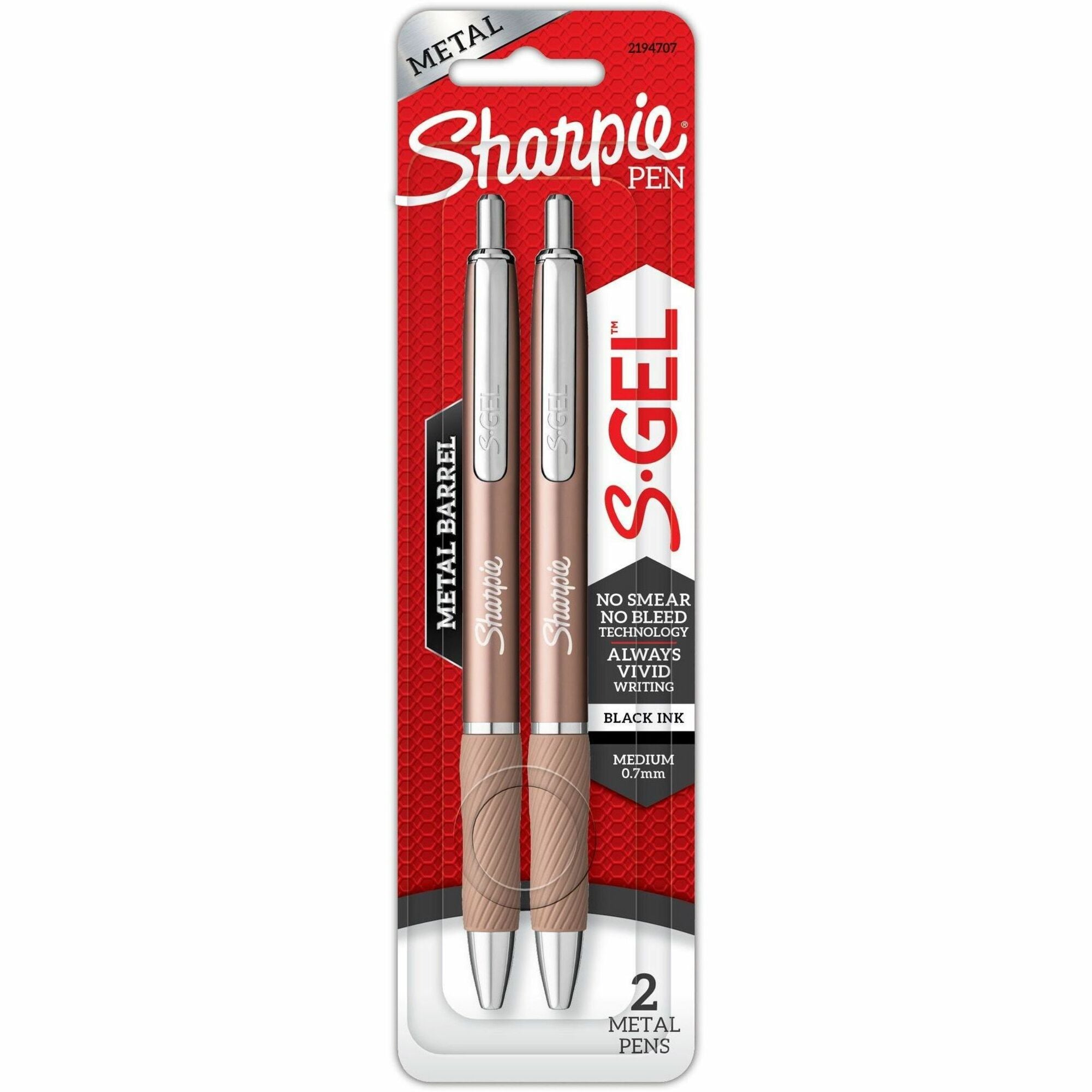 Sharpie S-Gel Pens, 0.7 mm, Black Ink, Champagne Metal Barrel, 2 Pack