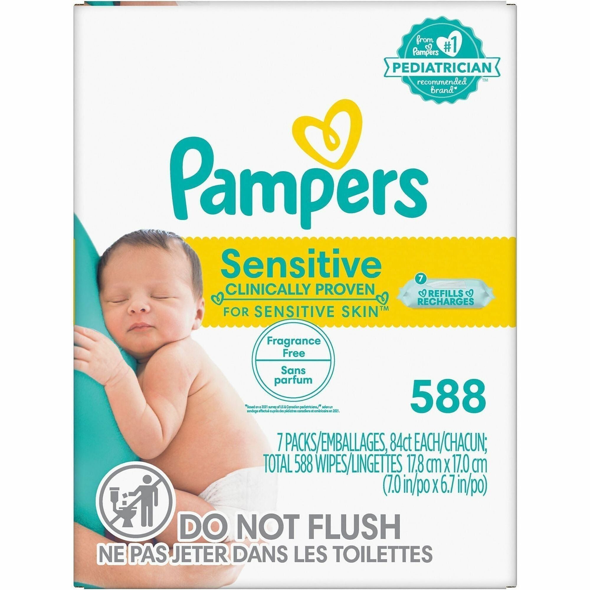 Pampers Baby Wipes Sensitive, White, 84 Wipes per Pack, 588 Wipes per Box
