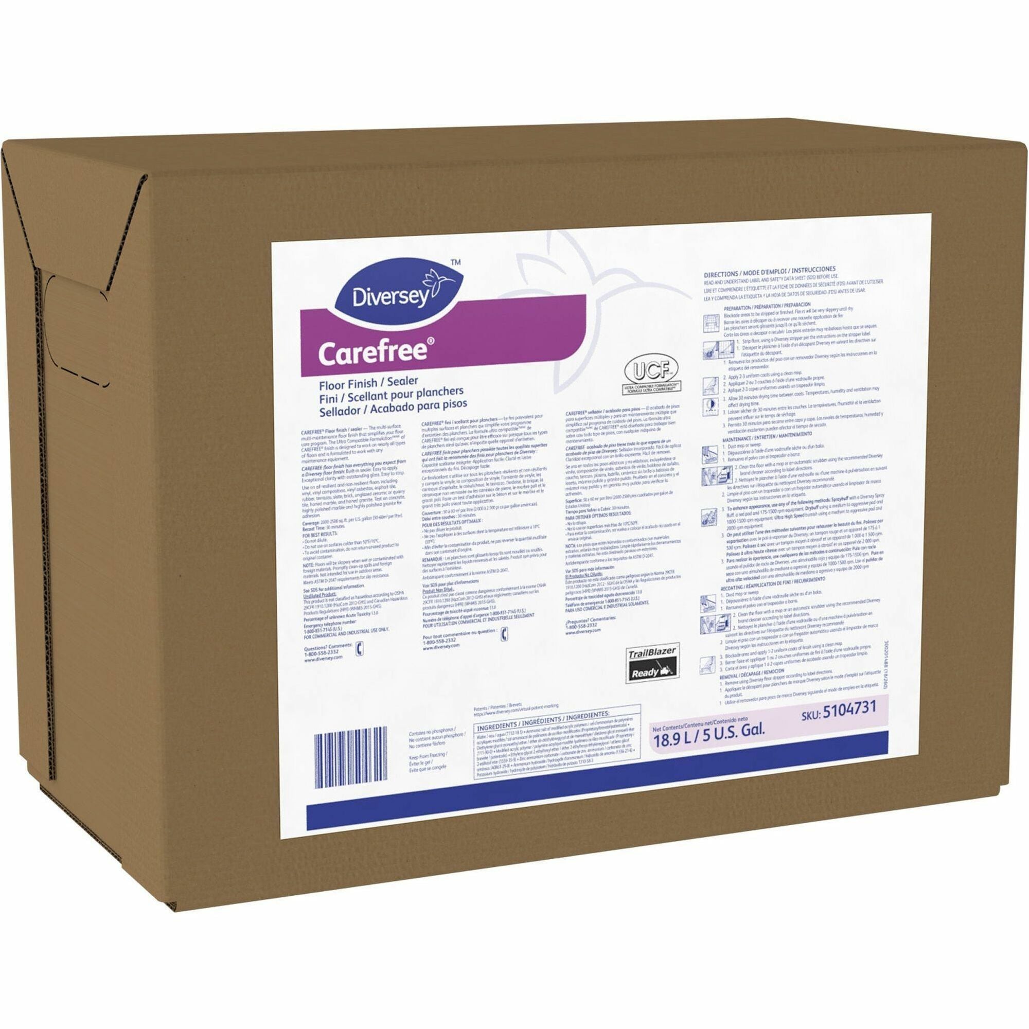 Diversey Carefree Floor Finish/Sealer, Ready-To-Use, 640 fl oz (20 quart), 8.8 pH, Ammonia Scent, Off White, 1 Each